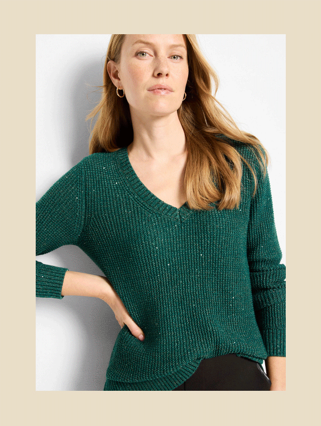 The Shimmer Waffle V-Neck Sweater available in 4 colors