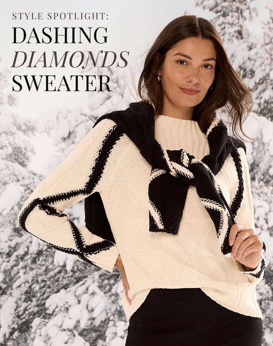 Woman wearing the Dashing Diamonds Sweater in Cream Multi