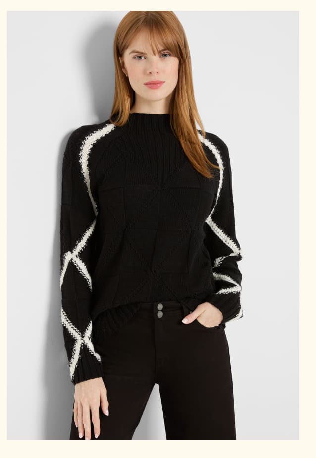 Woman wearing the Dashing Diamonds Sweater in Black Multi