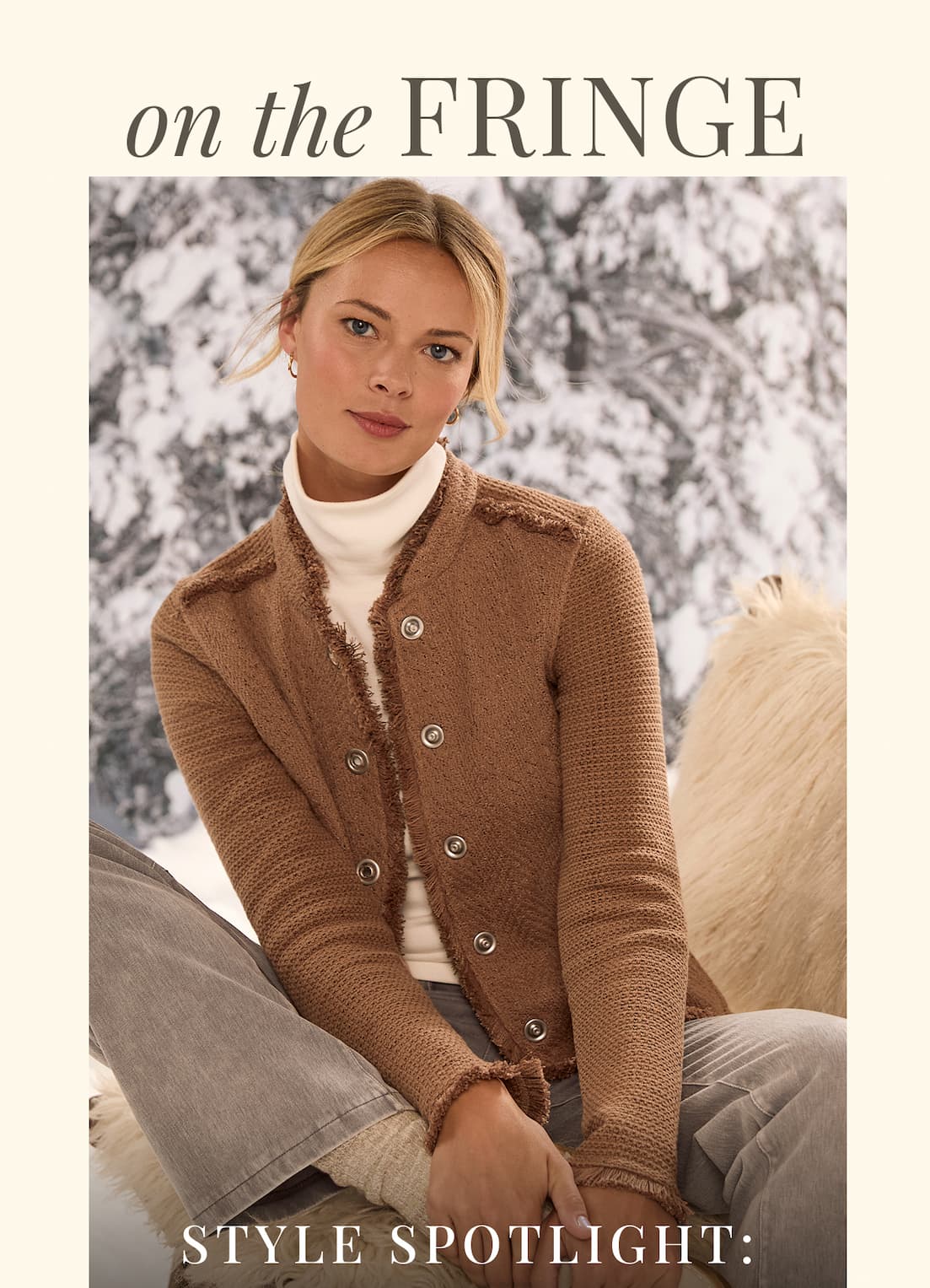 Woman wearing the Military Fringe Mix Knit Jacket in Ginger