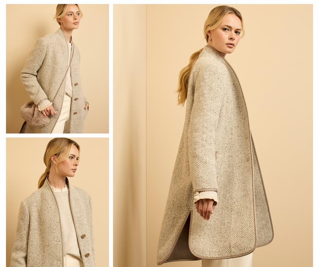 Herringbone Wool Blend Top Coat in Sand Dune