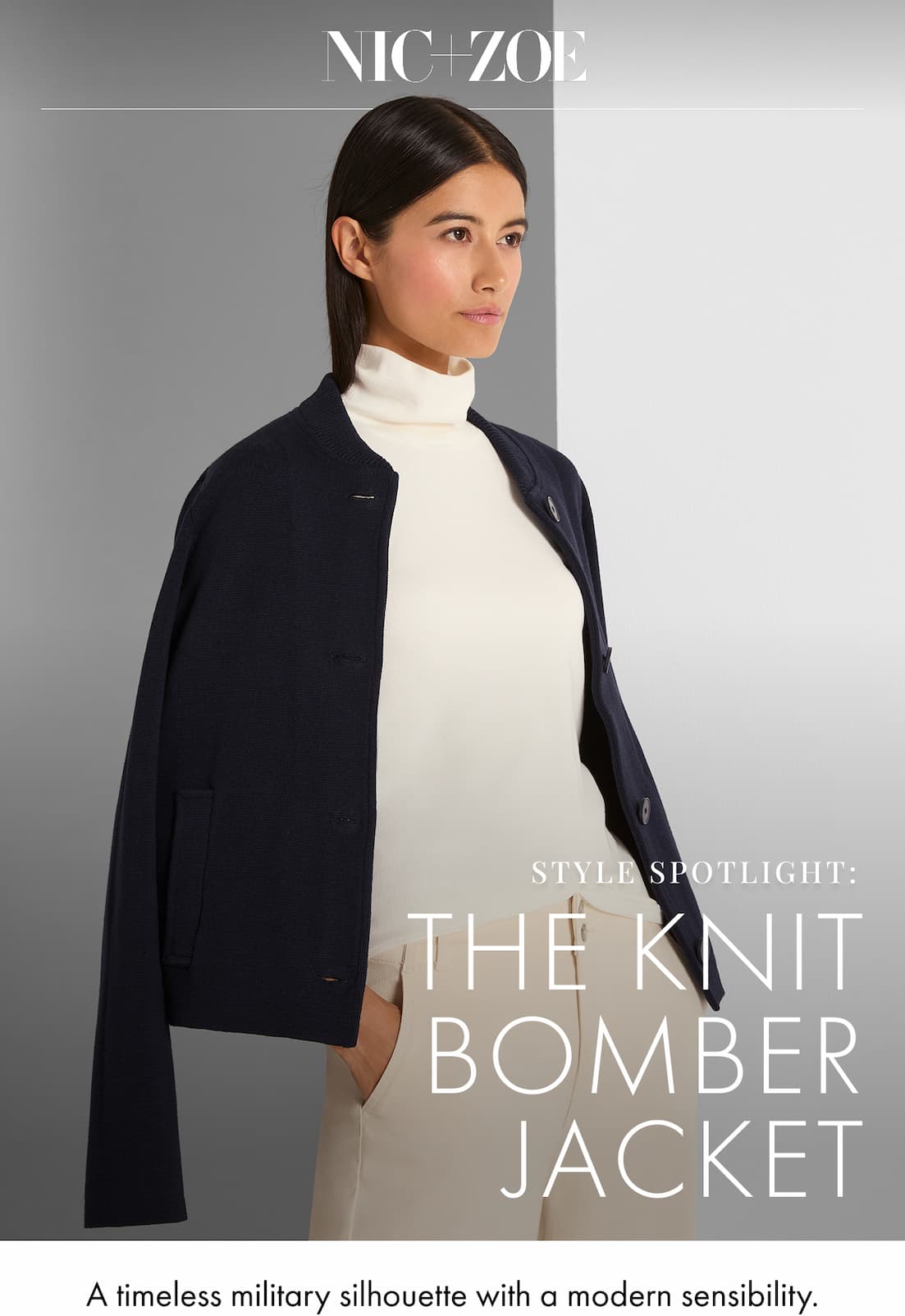 Woman wearing the Knit Bombed Jacket in Dark Indigo