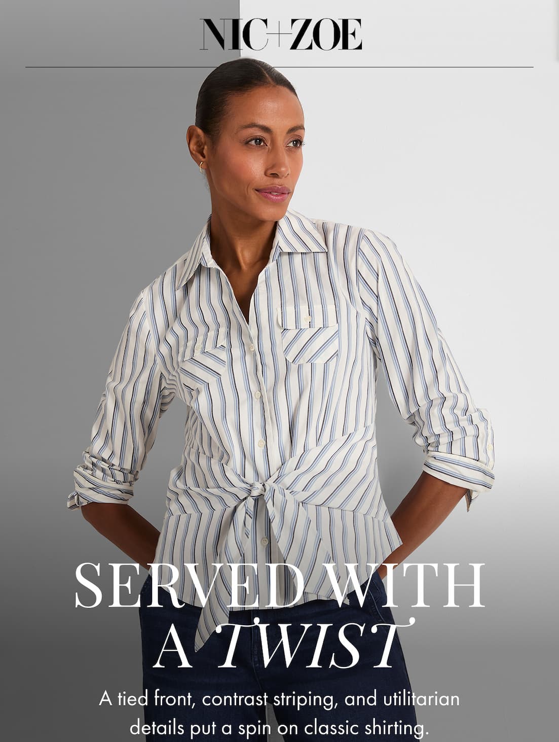 Woman wearing the Striped Iconic Tie Front Shirt