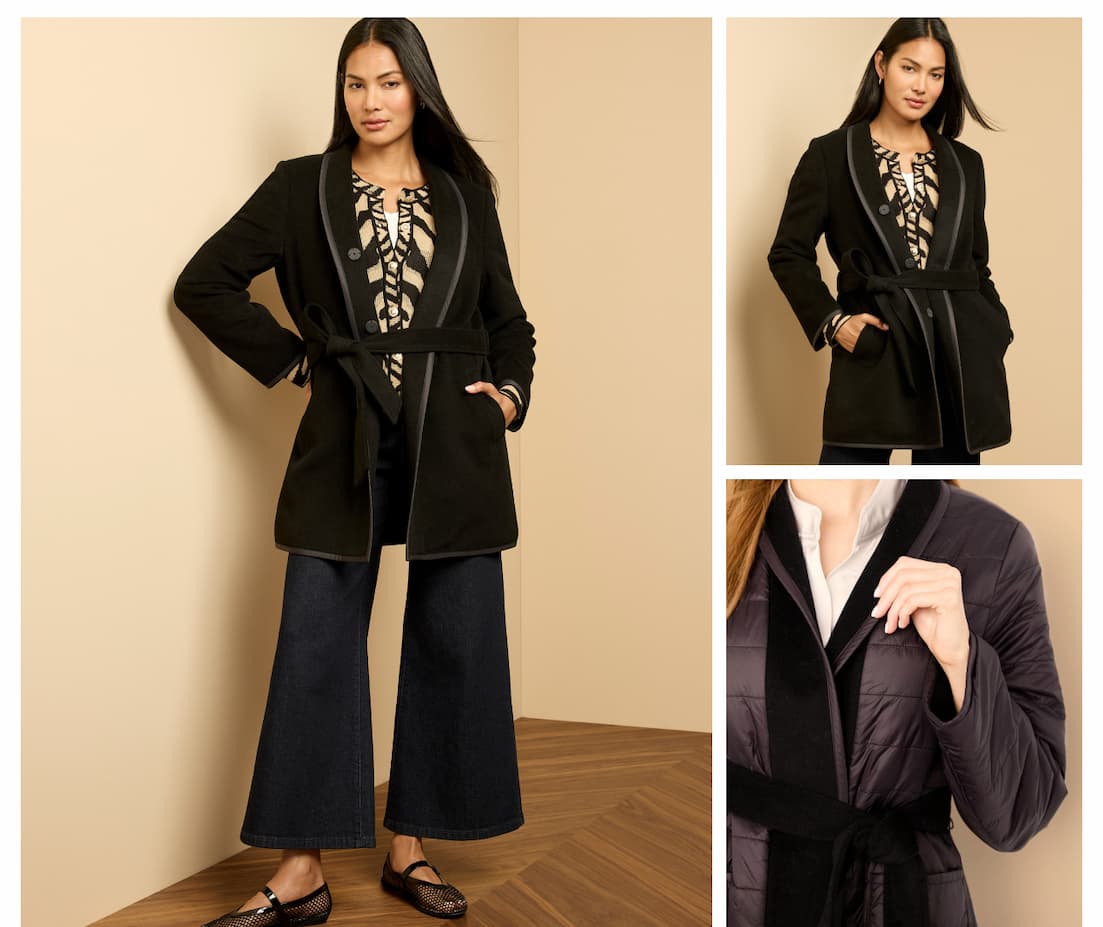Reversible Quilted Wool Top Coat in Black Onyx
