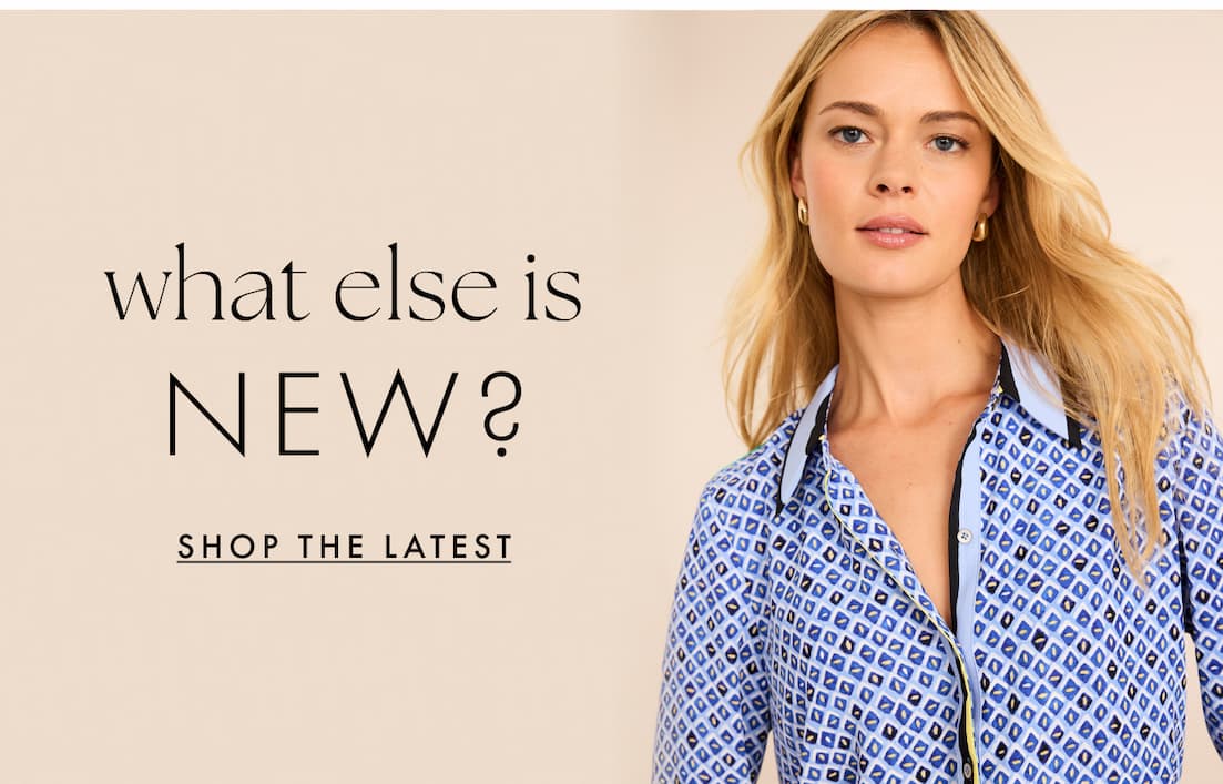 Shop the latest link to new arrivals page. A lady wearing mosaic trimmed shirt