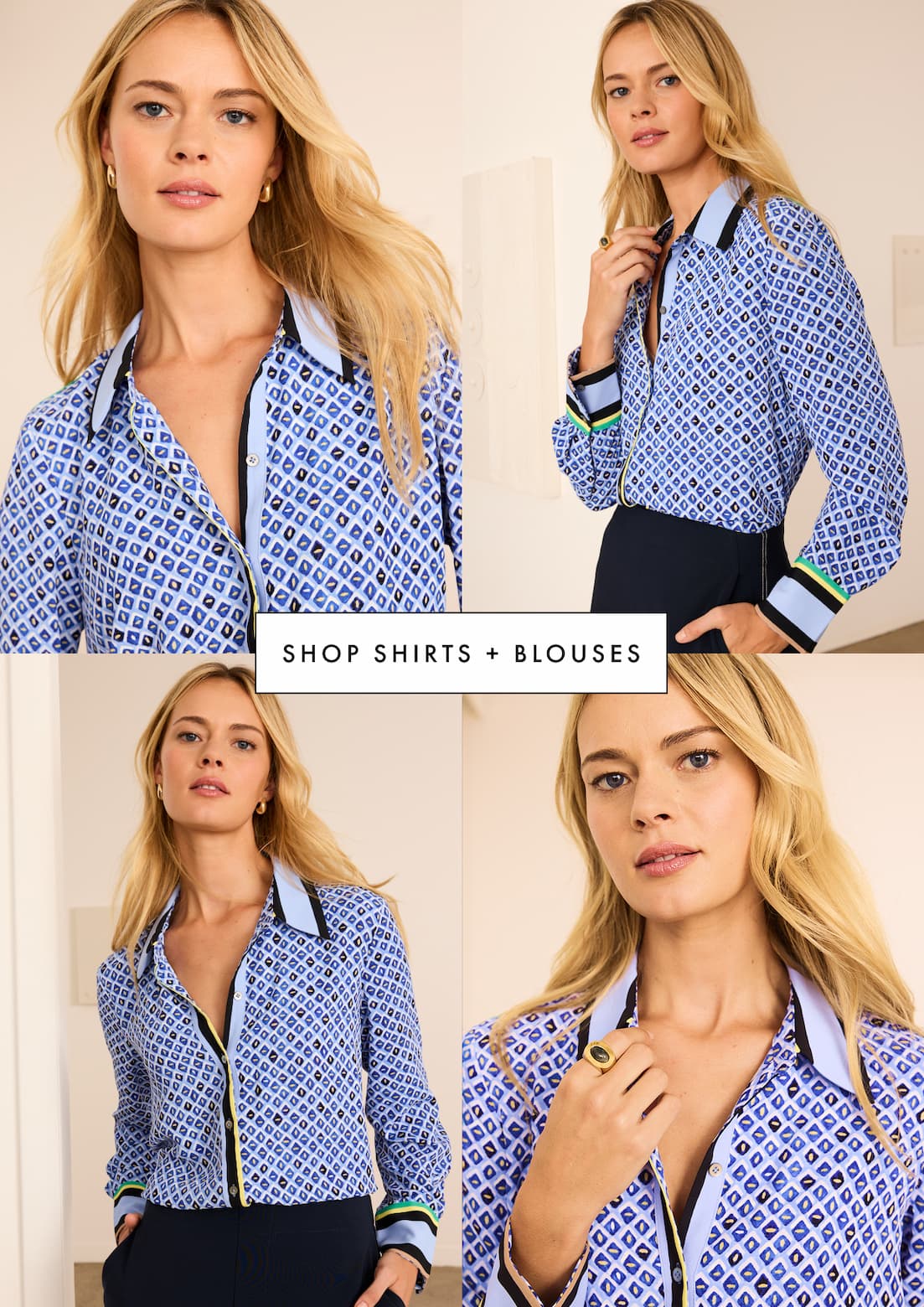 A four-panel grid showing a lady wearing the Mosaic Trimmed Shirt