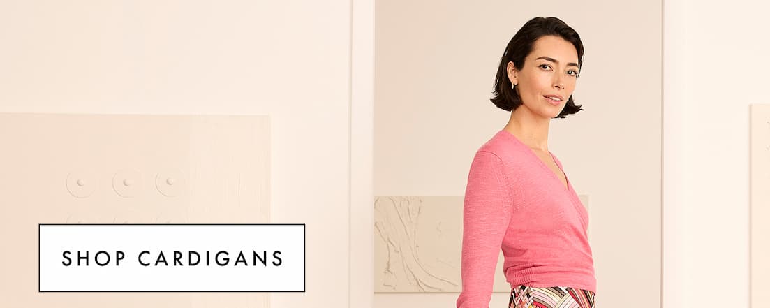 A lady wearing the Slub Knit 4-Way Cardigan. Shop Cardigans.