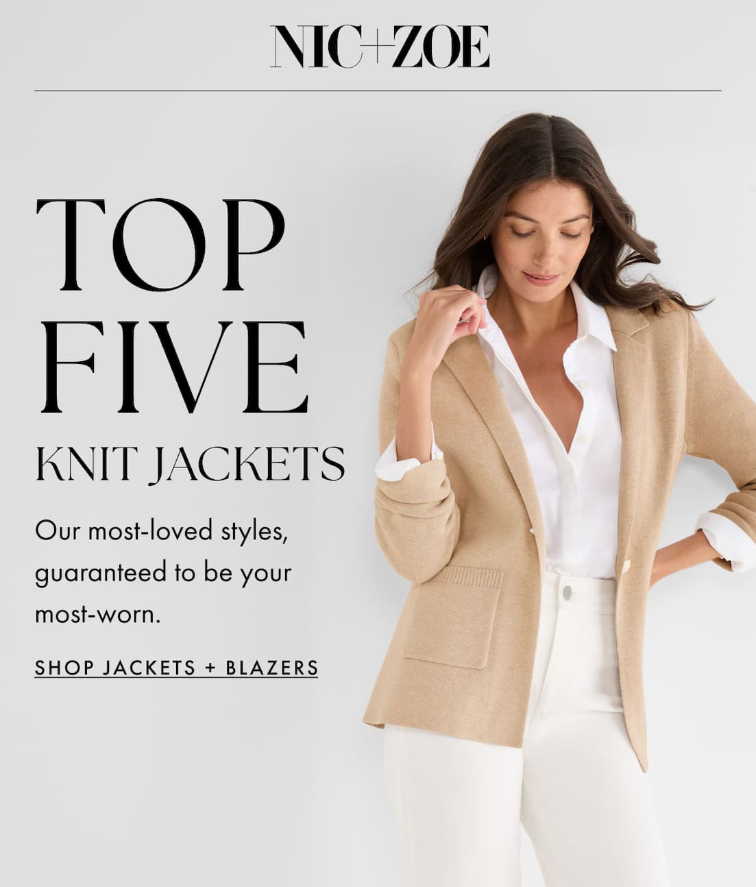 Top five knit jackets. Our most-loved styles, guaranteed to be your most-worn. The woman wearing the Elegant Knit Blazer.