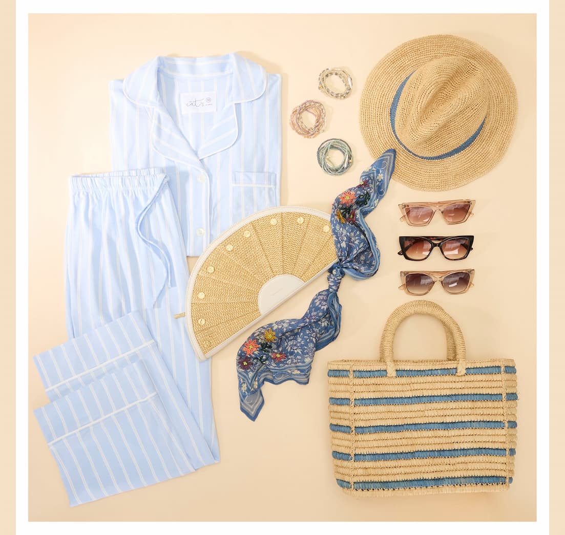A matching set outfit with the Hammitt Shelly Clutch, Sunglasses, Marlyn Schiff Stretch Bracelets With Pearl, a hat, a bag and a scarf showcase.