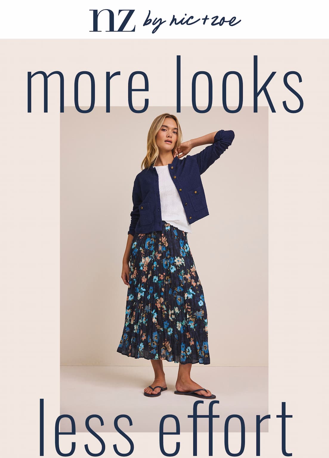 nz by nic and zoe. more looks less effort. The lady wears the Textured Knit Bomber Jacket, and the Glowy Floral Cotton Crinkle Skirt.