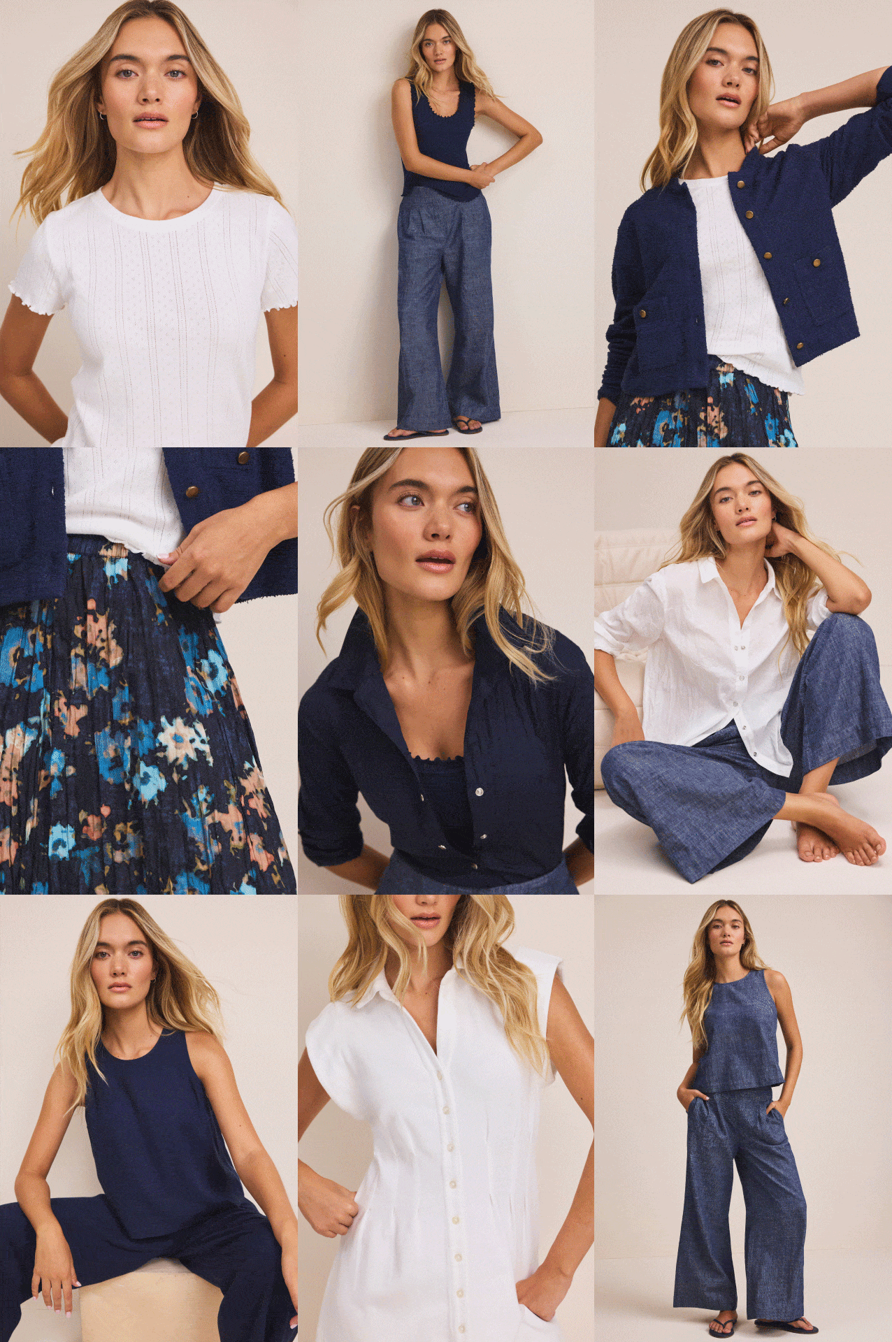 Nine-gif grid showcasing women wearing coordinated matching sets from a new collection, including a mix of colors, and fabrics