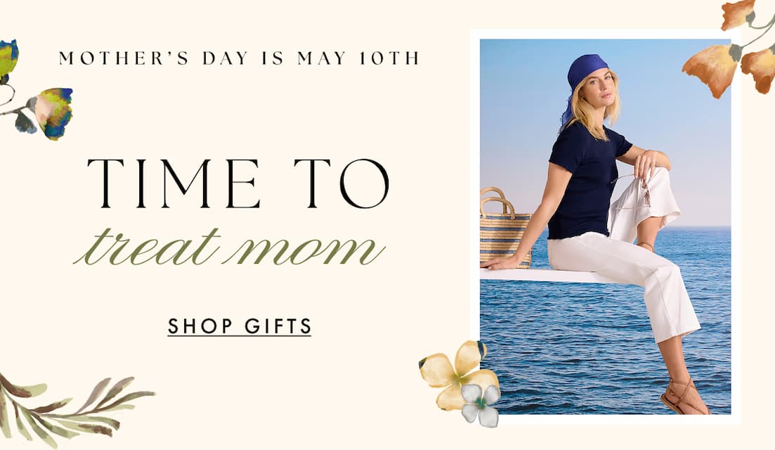 Mother's Day is May 10th. Time to treat mom. Shop gifts. The lady, dressed in a matching ensemble, relaxes on the dock.