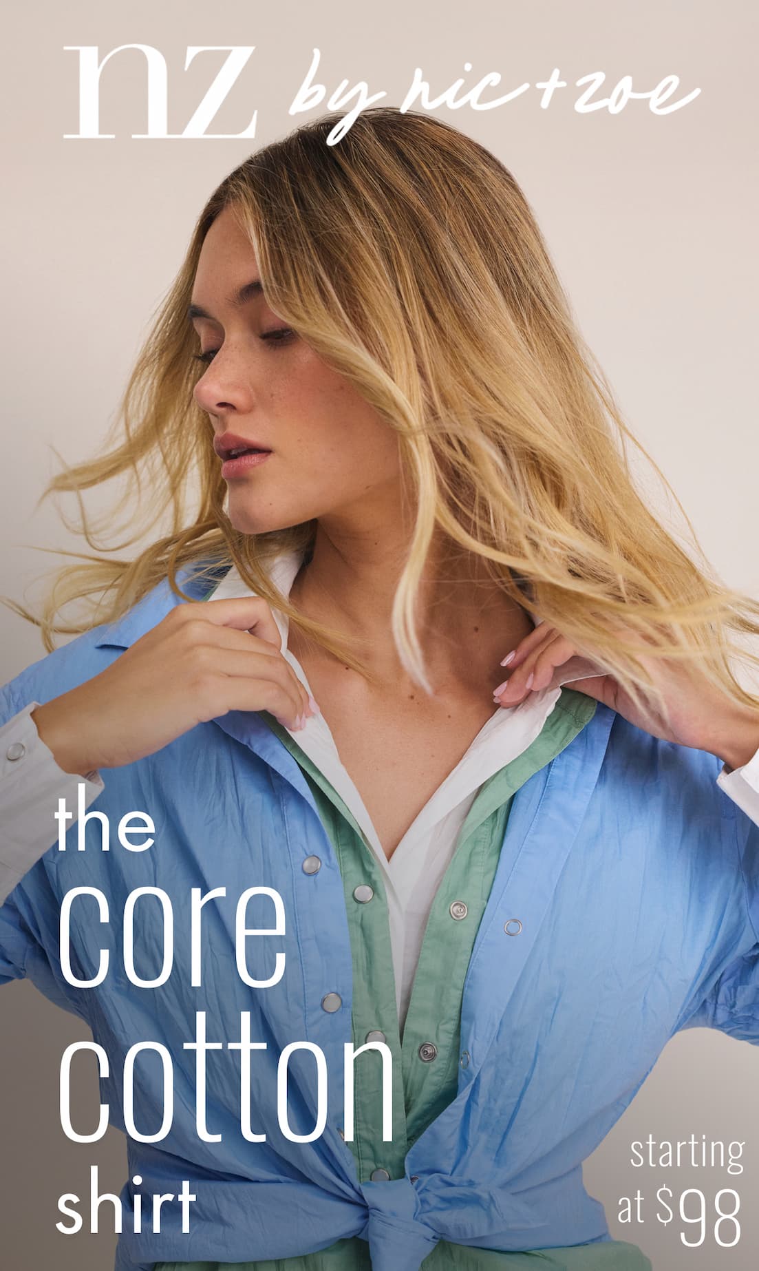 The lady wearing the core cotton shirt from the nz by nic+zoe collection. Starting at $98.