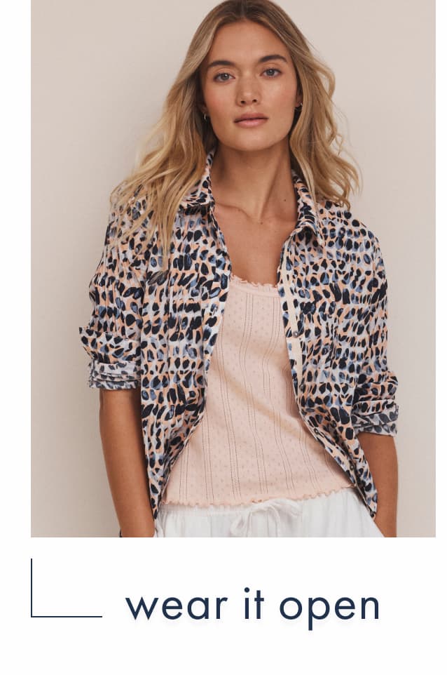 Wear it open. The lady wearing the nz by nic+zoe Spotted Core Cotton Shirt.