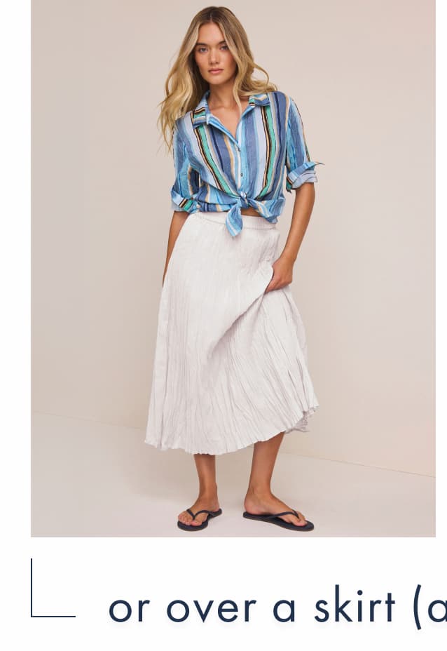 Or over a skirt. The lady wearing the nz by nic+zoe Cotton Crinkle Skirt.