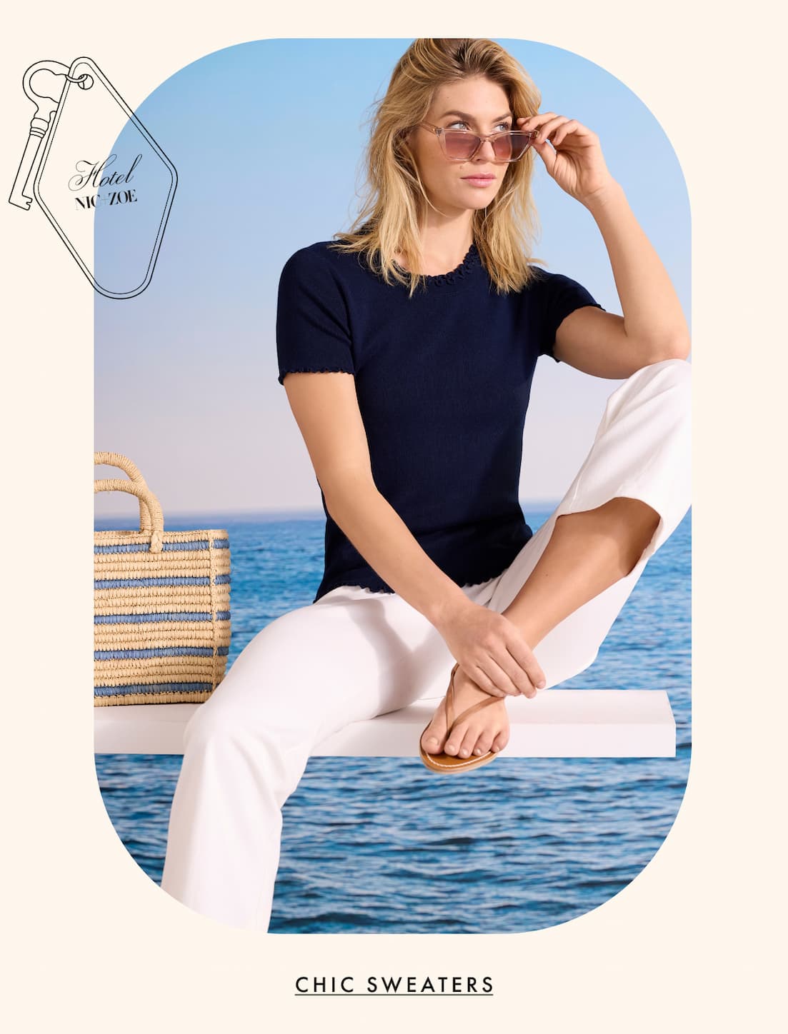 The lady wearing the Ruffle Trim Sweater Tee sitting on the deck. Shop Chic Sweaters.