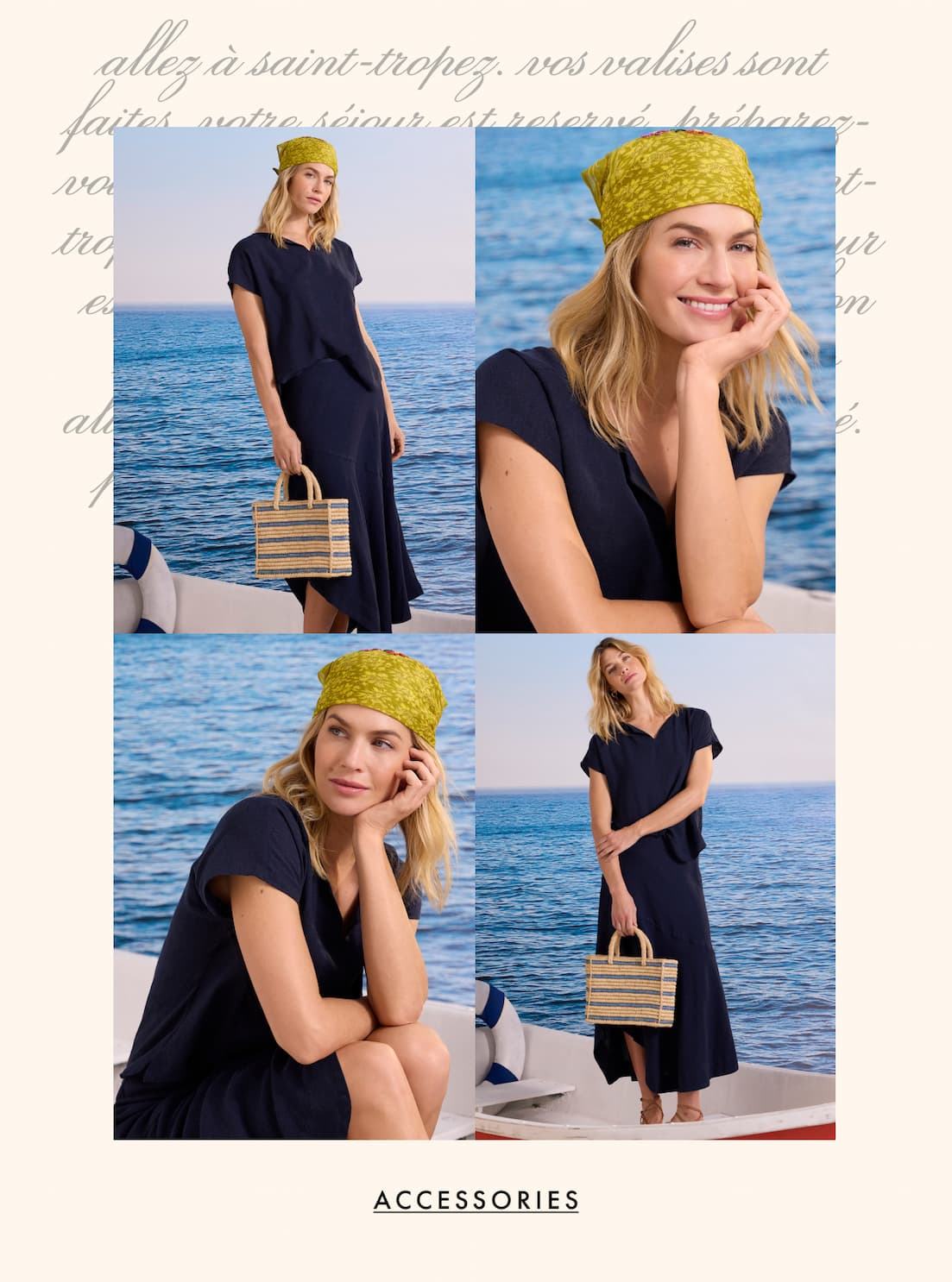 A photo grid showcasing a woman wearing a Rumba Linen Split Neck Tee and a Long Engagement Rumba Linen Skirt while holding a Hat Attack Arlington Stripe Tote.