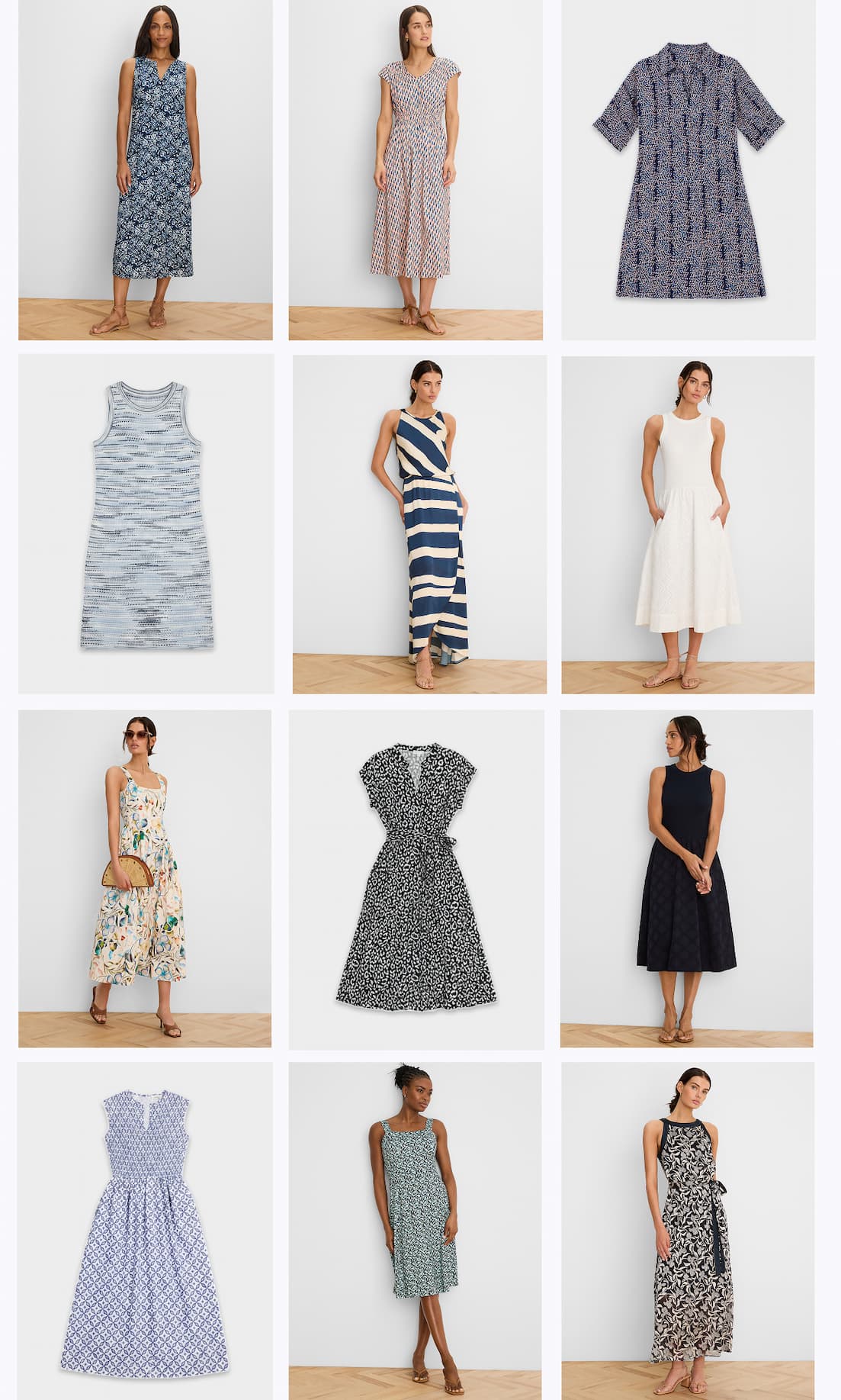 A collage featuring a variety of dresses and skirts in different styles, colors, and patterns.