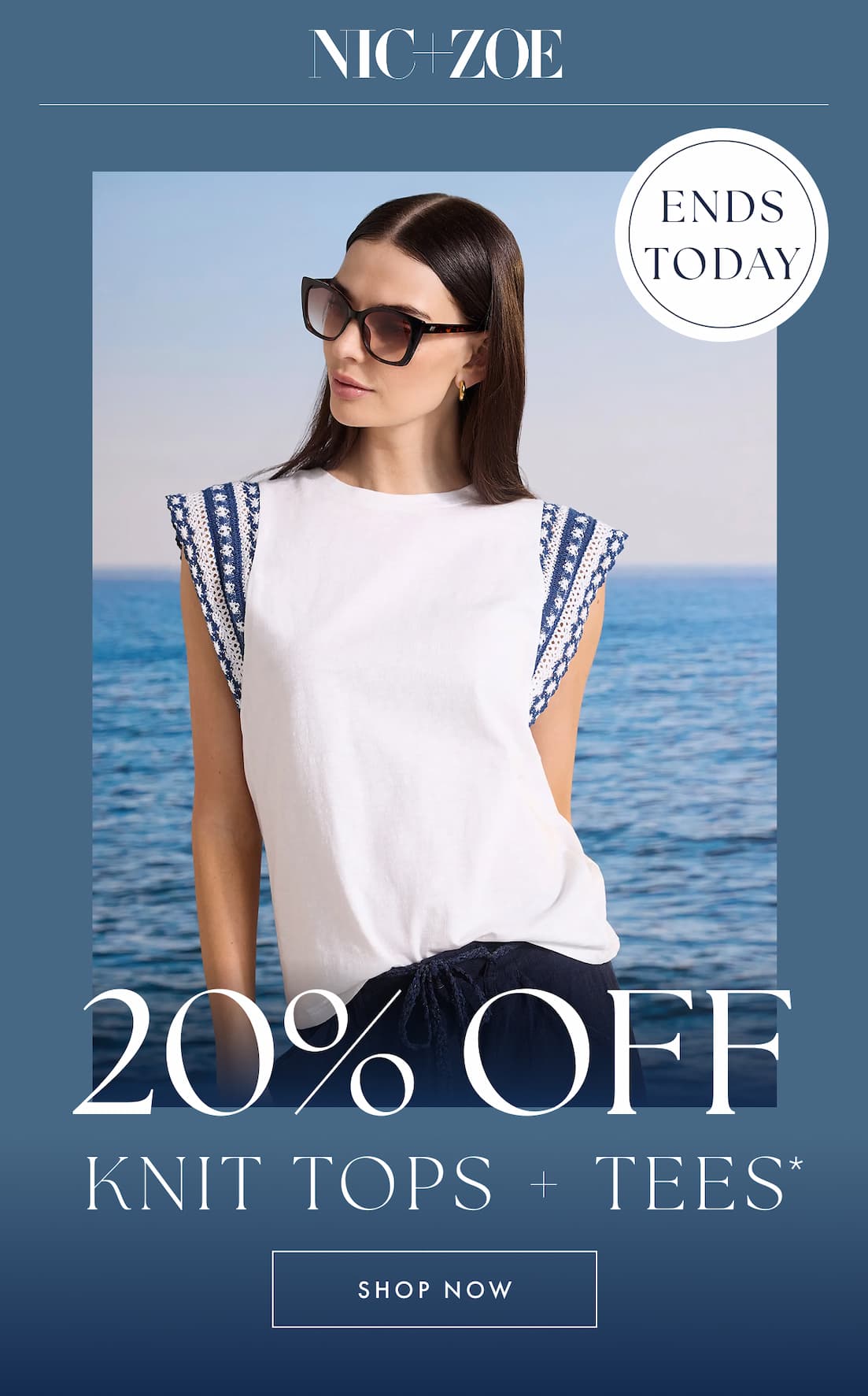 Ends today. 20% off Knit tops + Tees* Shop now. The lady wearing the Knit Trim Cotton Slub Top.