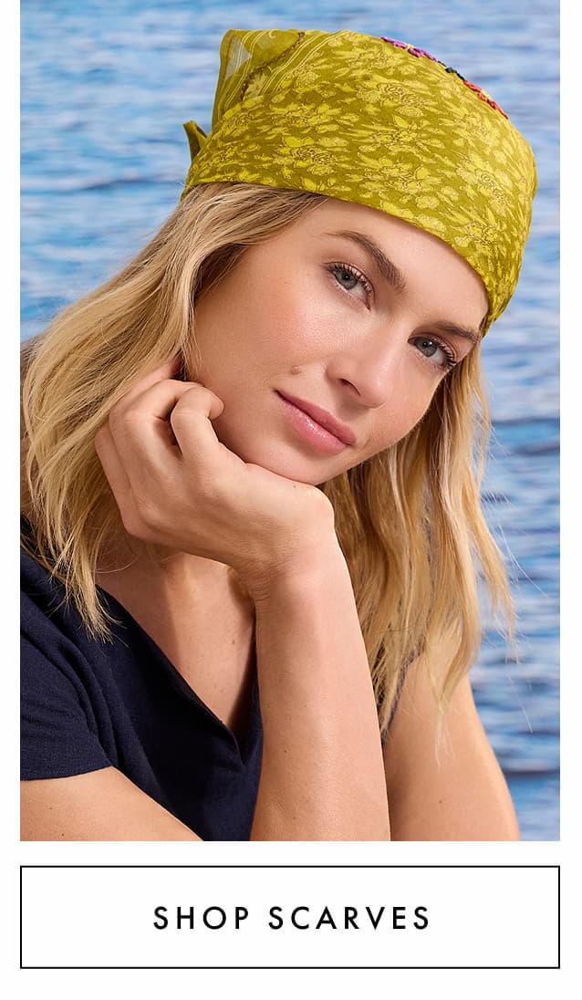 Shop scarves. The lady wearing the Chan Luu - Floral Lattice Print Bandana.