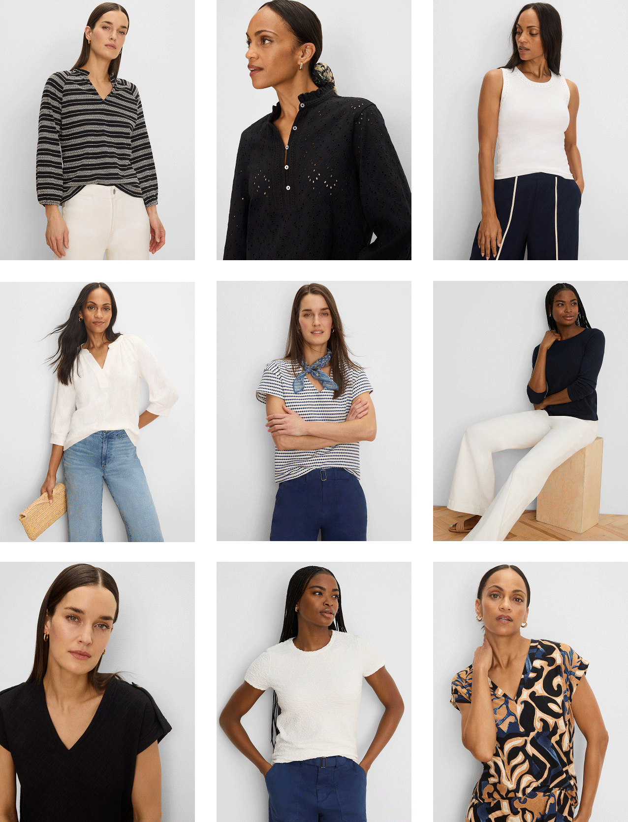 A product grid layout featuring nine separate square images of models showcasing various women's apparel, including knit tops, eyelet blouses, t-shirts, and patterned shirts in a neutral and blue color palette against a plain white background.