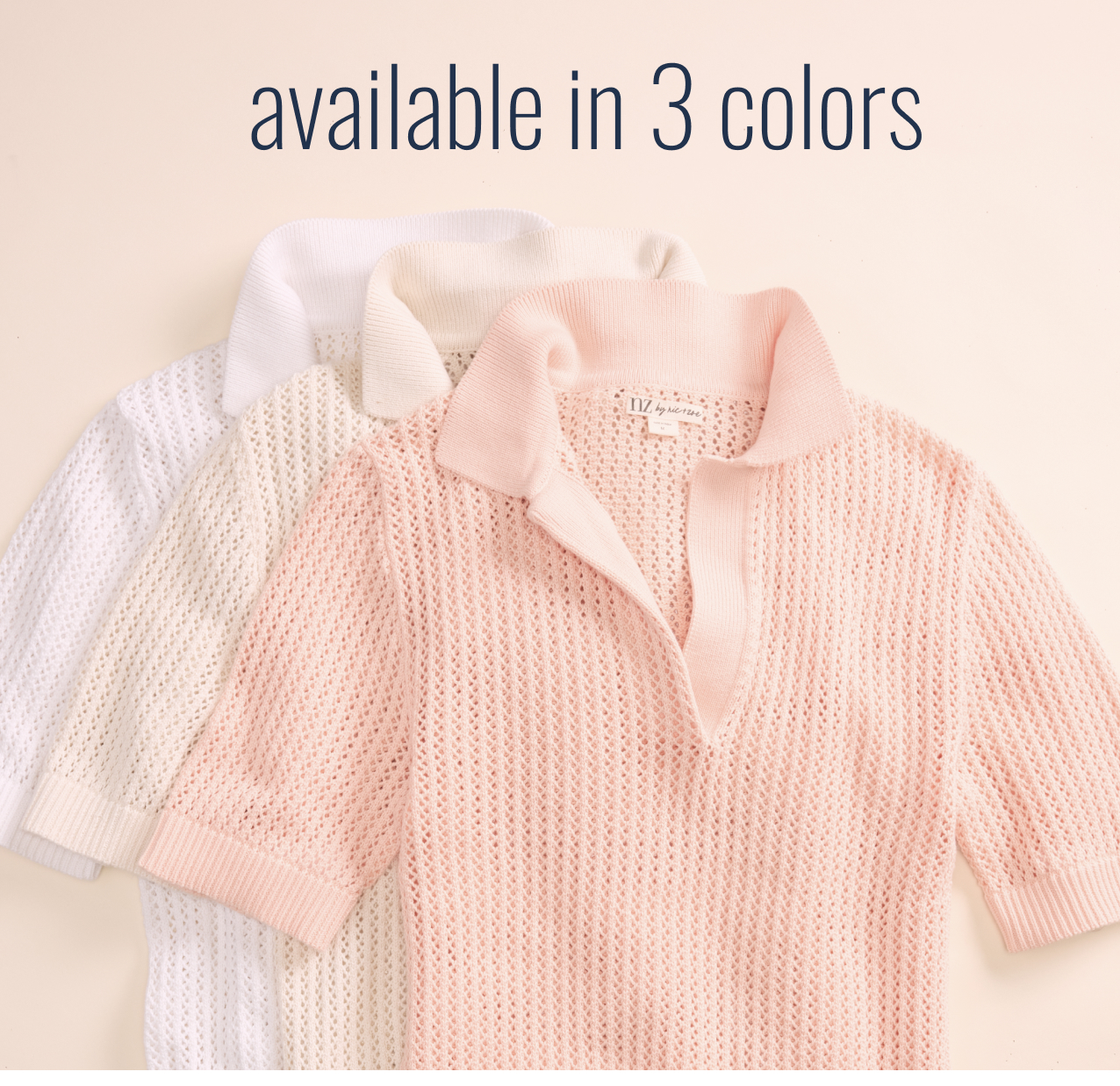 Available in 3 colors. nz by NIC+ZOE Mesh Polo Sweater in Orange Sherbert, Paper White, and Sand.