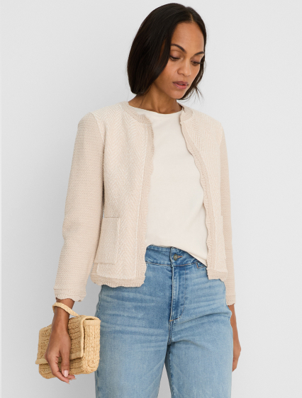 She wears the Scallop Trim Weave Mix Knit Jacket