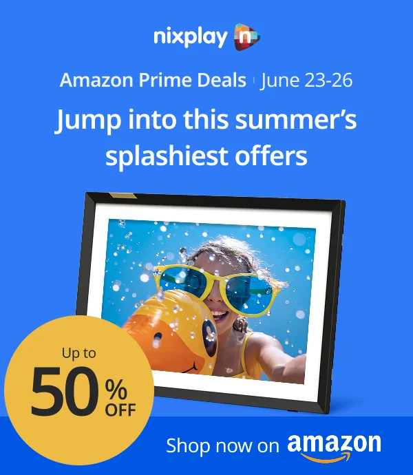 Prime discounts on our bestselling digital frame - shop on Amazon now - up to 50% off!