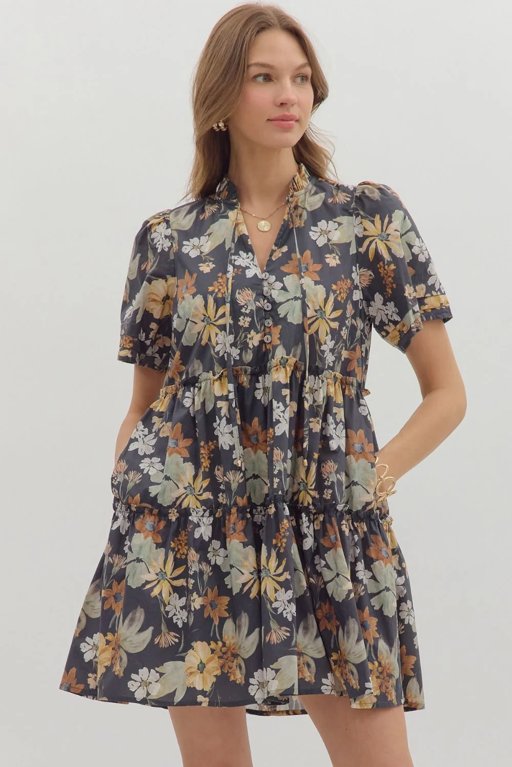 Image of Samantha Floral Tiered Mini Dress, Charcoal