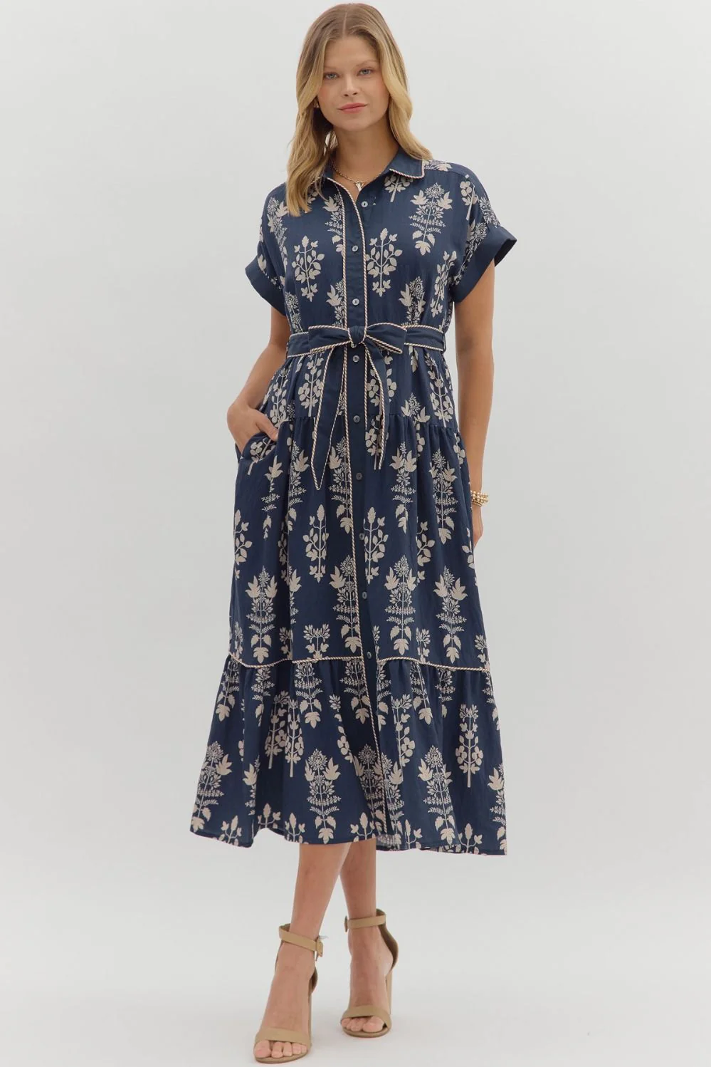 Image of Margot Botanical Print Midi Dress, Navy