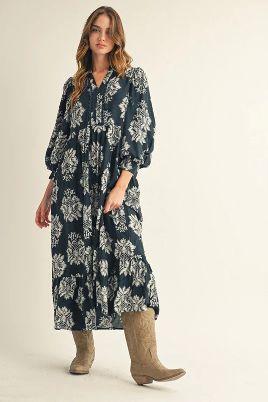 Image of Cecilia Boho Floral Midi Dress, Navy