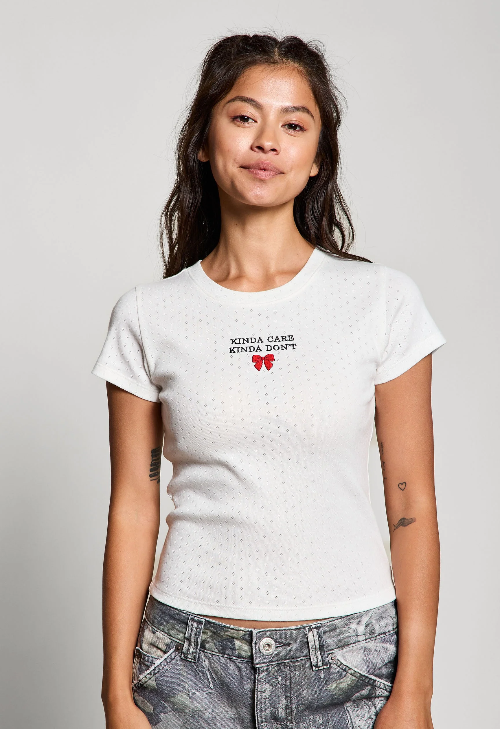 Image of Kinda Care Kinda Don't Pointelle Baby Tee, Off White