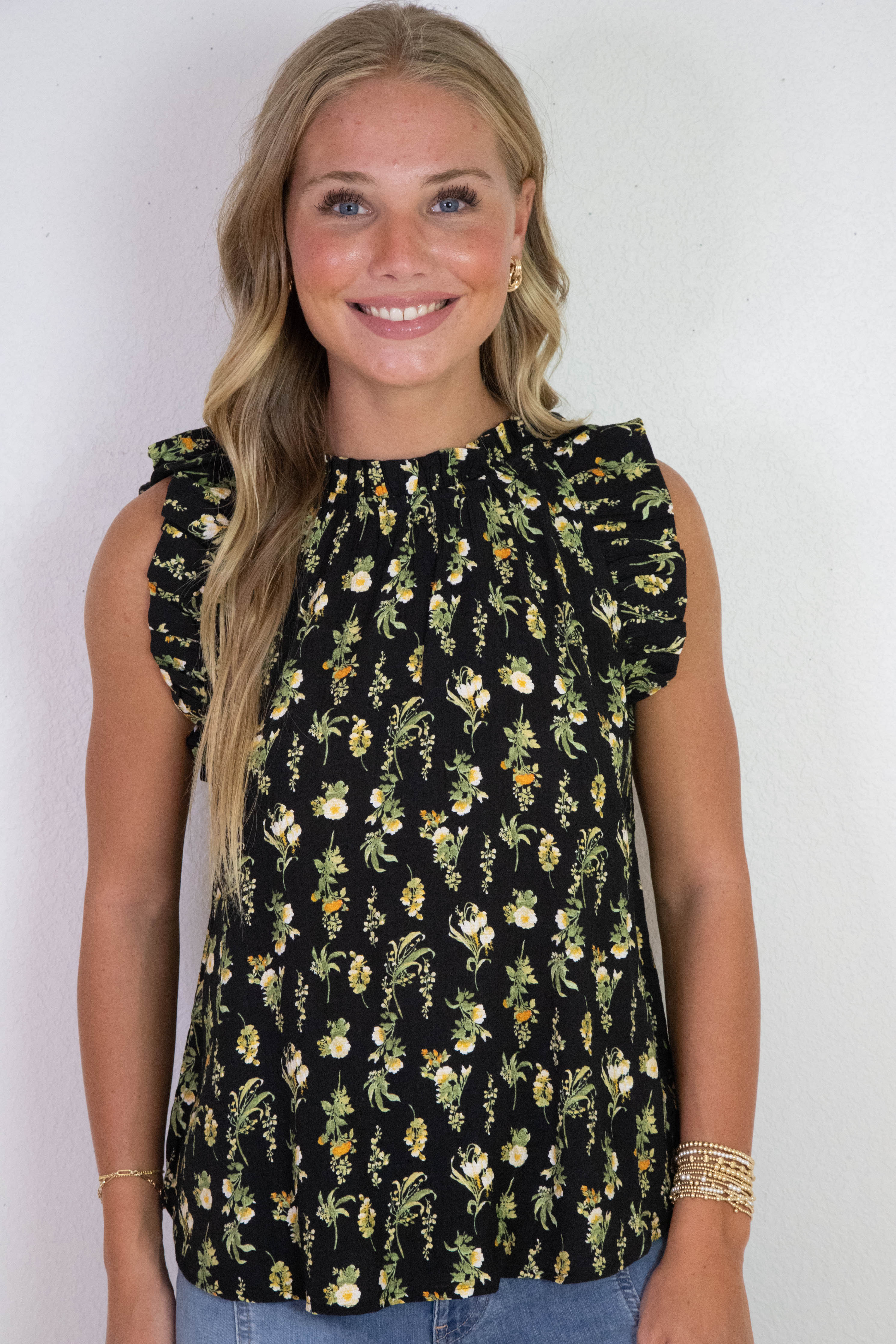 Image of Livia Floral Ruffle Detailed Top, Black Multi