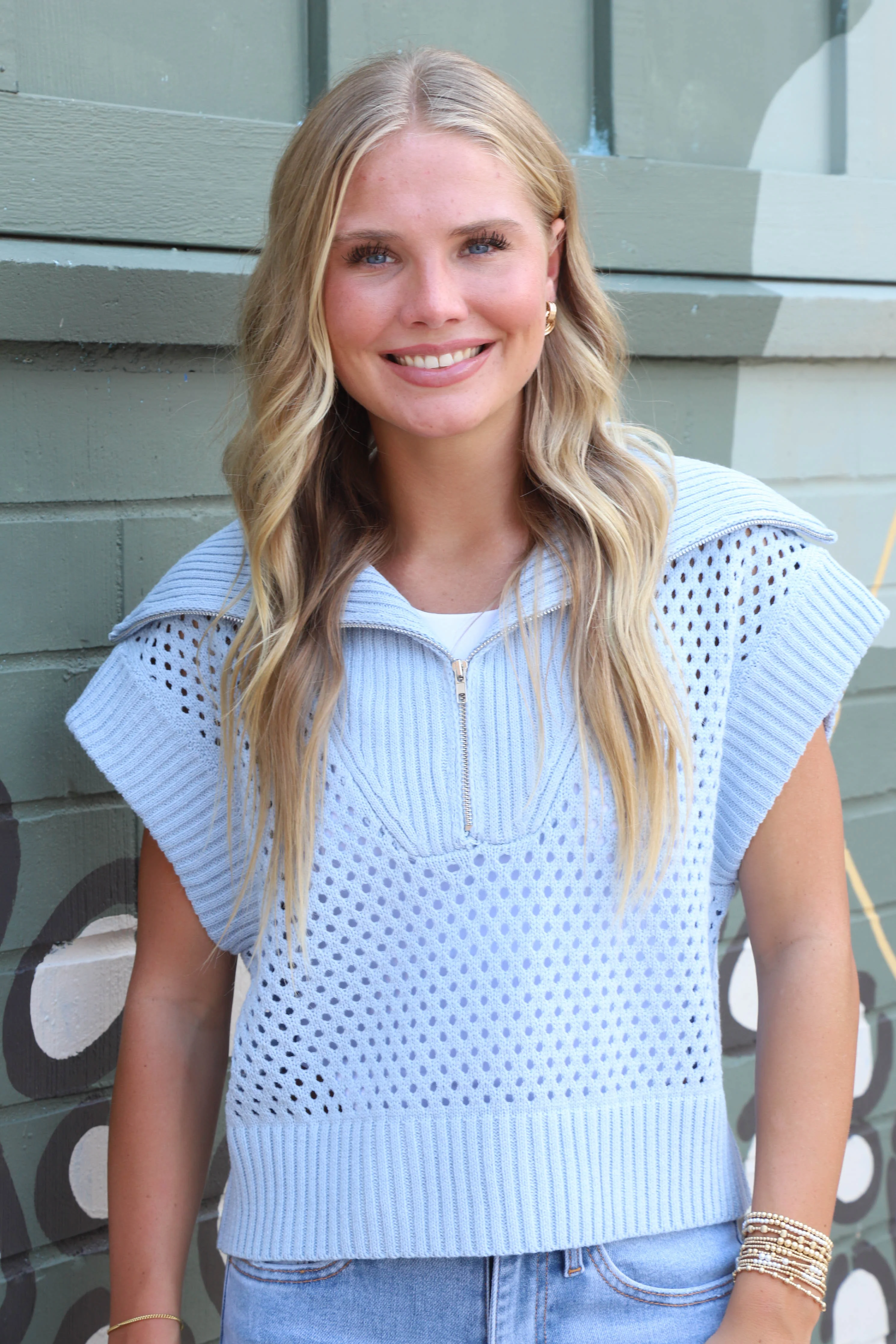 Image of Lila Collared Half Zip Sweater Vest, Light Blue