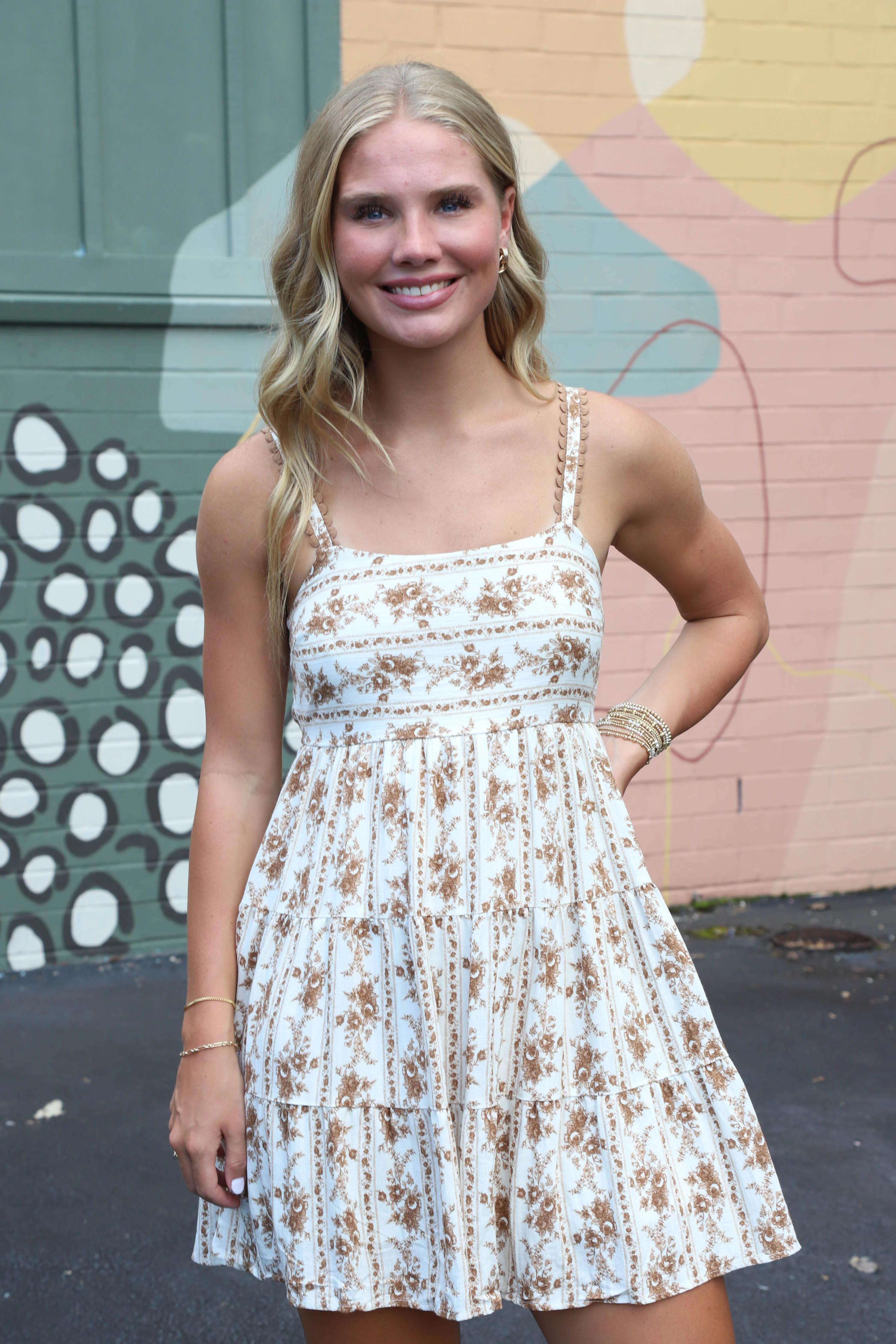 Image of Ashley Striped Floral Mini Dress, Brown Multi