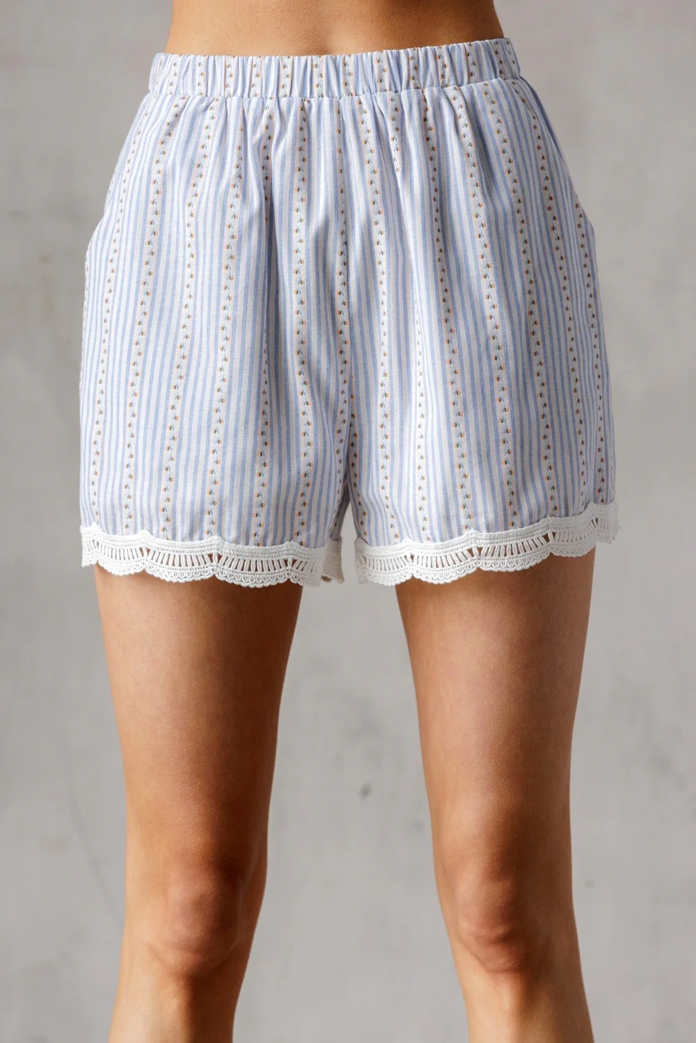Image of Sofia Floral Pinstripe Lace Hem Shorts, Blue/White/Orange