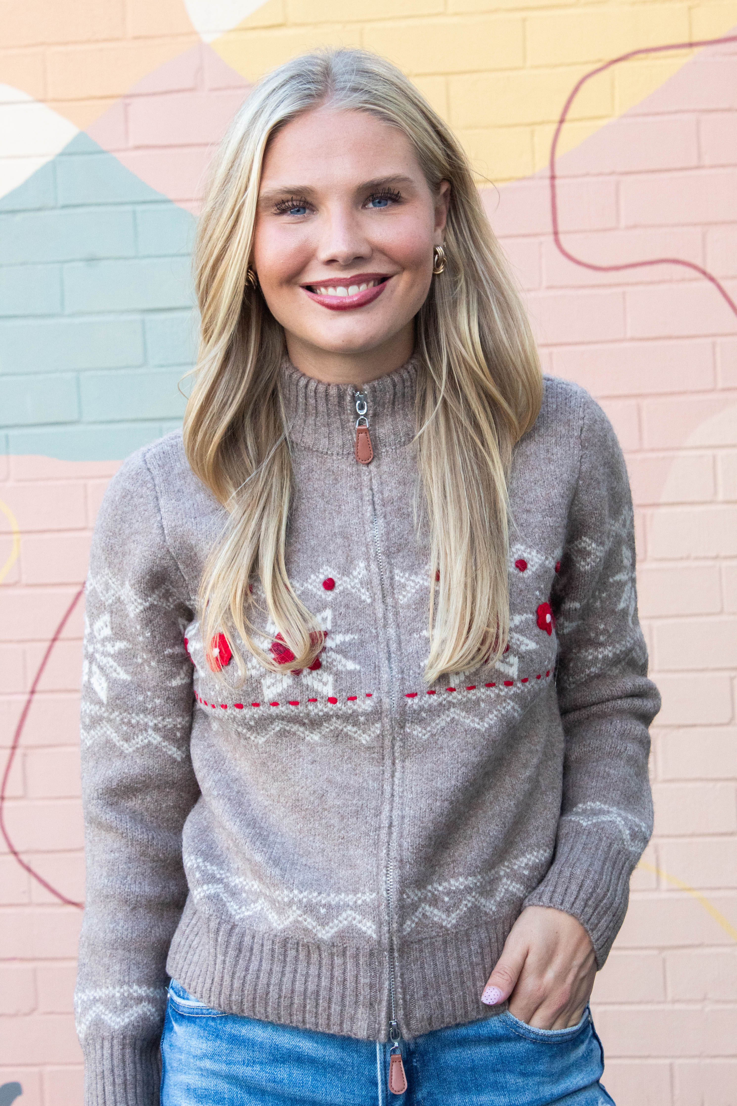 Image of Nayeli Zip Up Embroidered Cardigan, Taupe | RD Style
