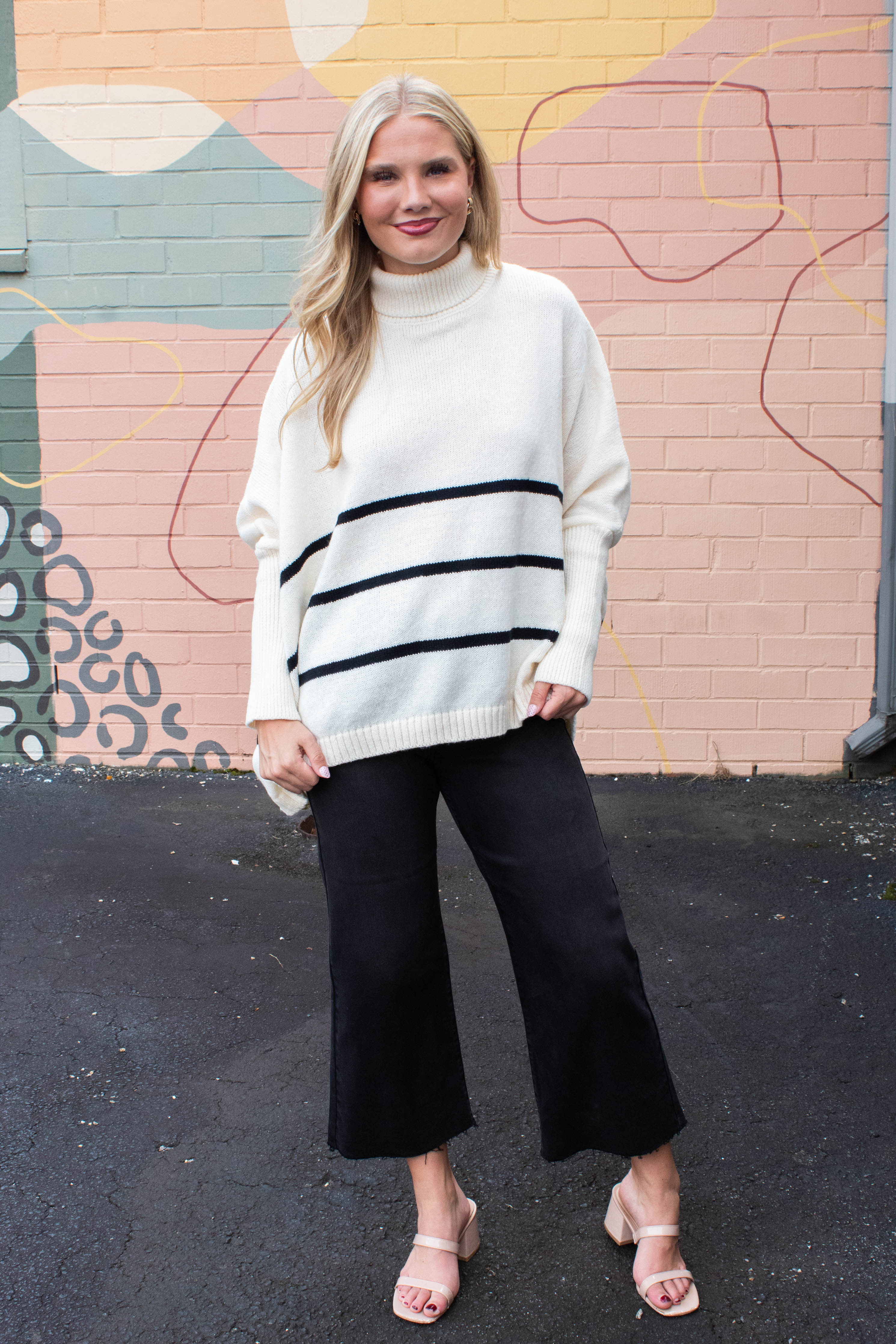 Image of Myra Striped Turtleneck Sweater, Warm White