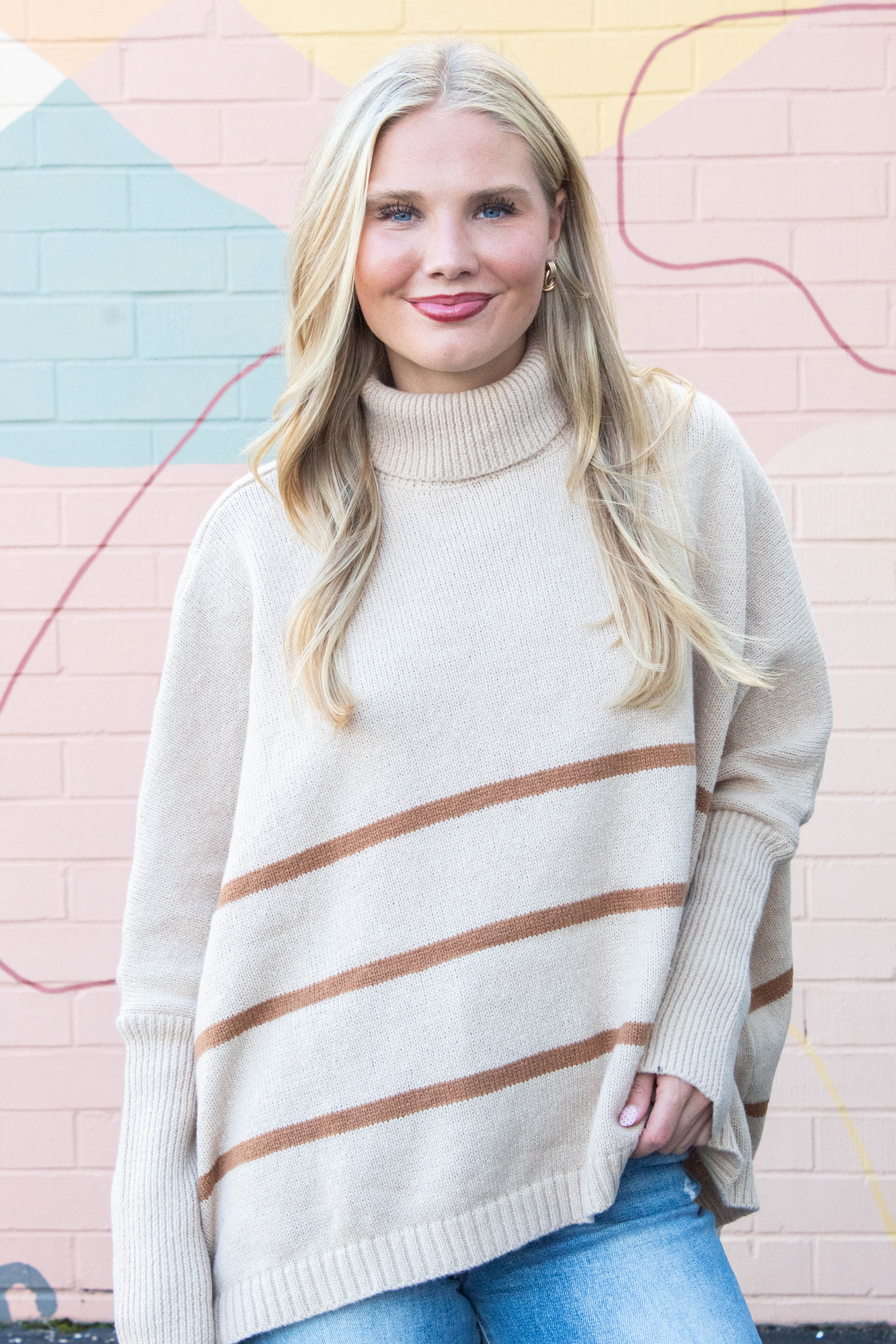 Image of Myra Striped Turtleneck Sweater, Light Taupe