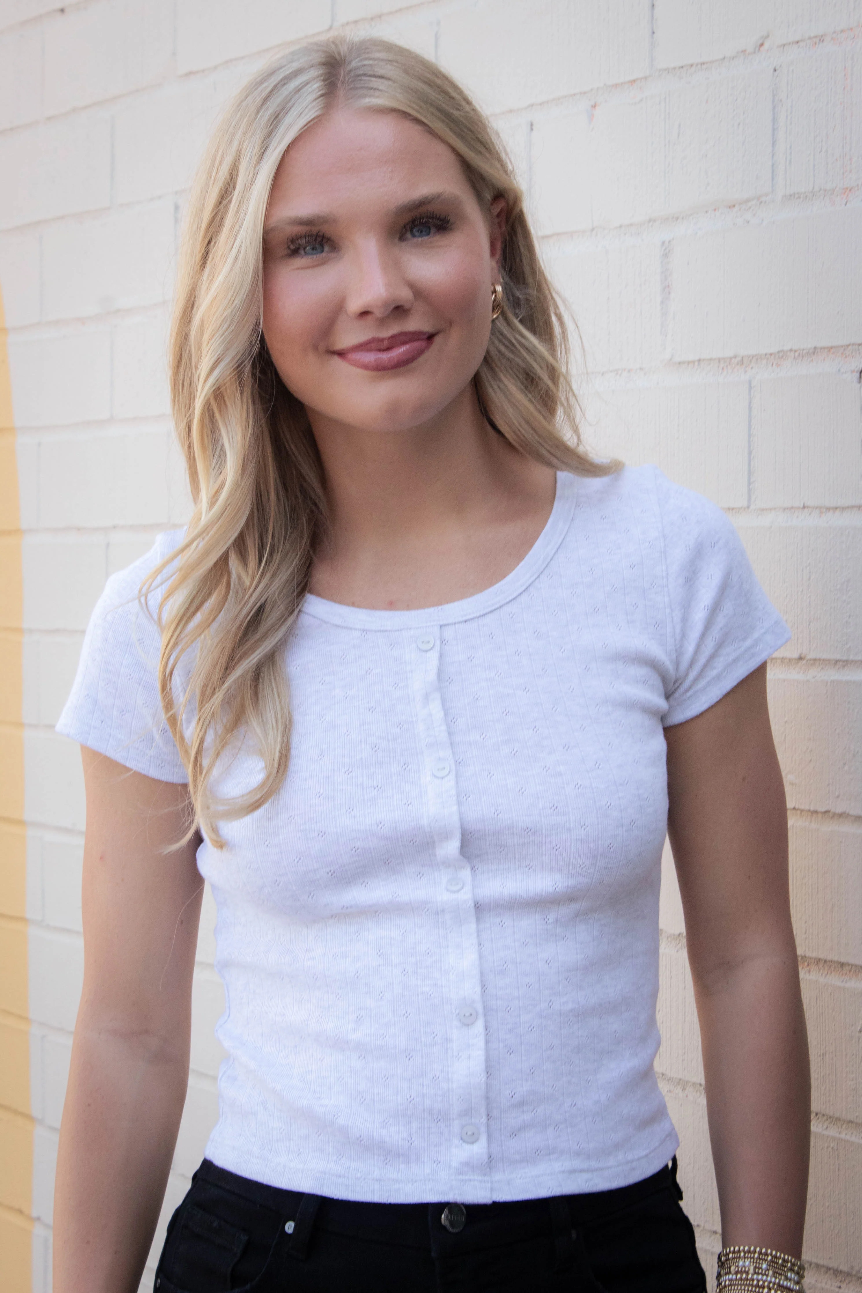 Image of Georgia Faux Button Pointelle Top, Light Heather Grey