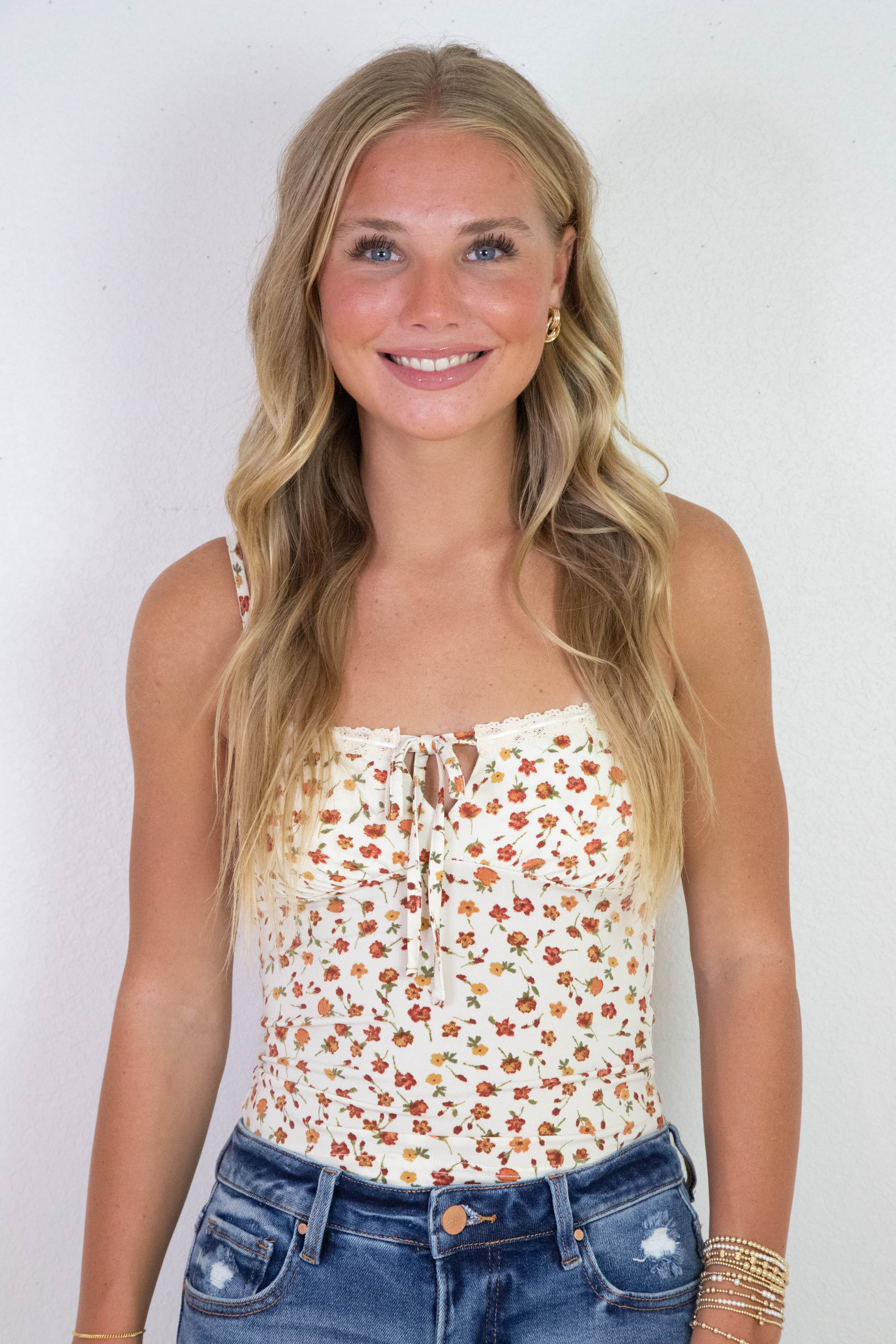 Image of Emily Floral Front Tie Cutout Cami, Cream Multi