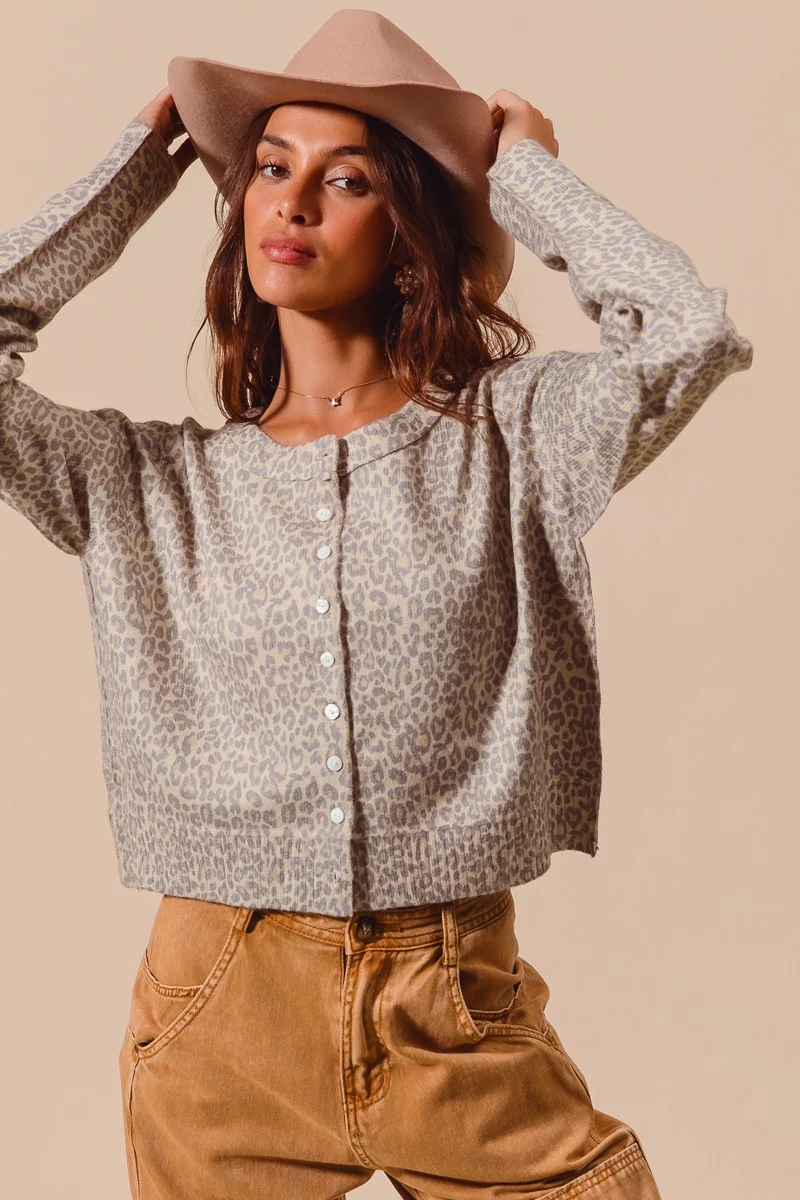 Image of April Leopard Sweater Cardigan, Vintage Oatmeal