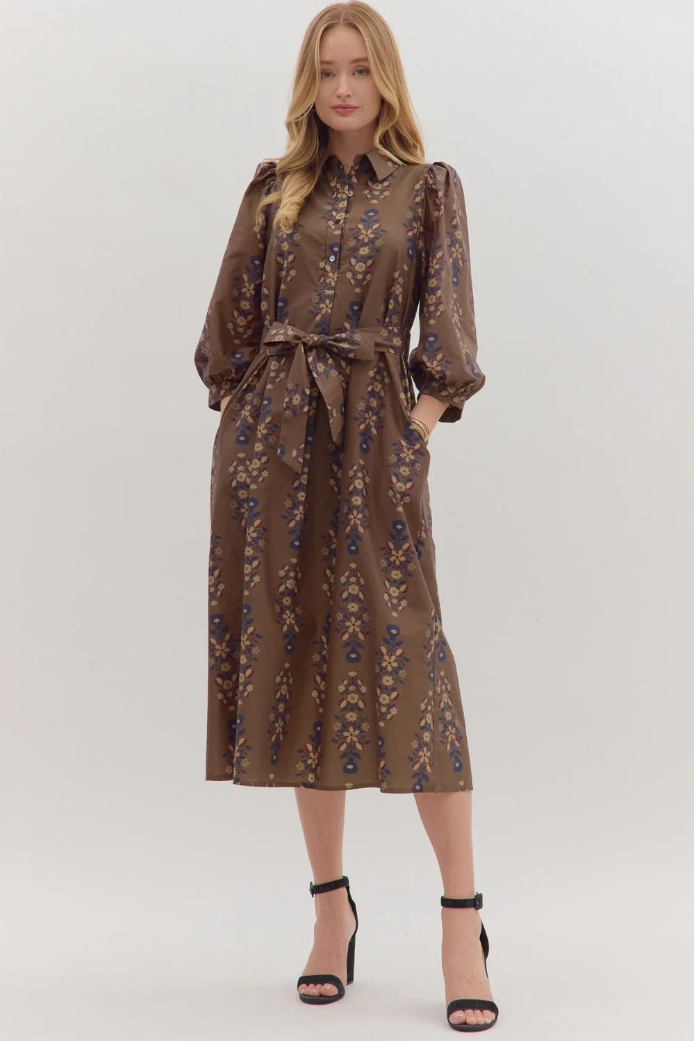 Image of Kara Floral Midi Dress, Brown