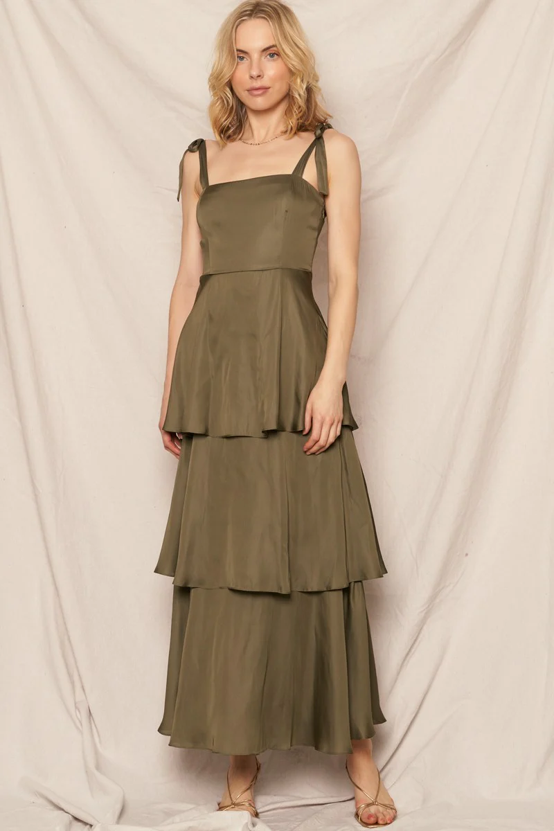 Image of Kate Satin Tiered Maxi Dress, Olive