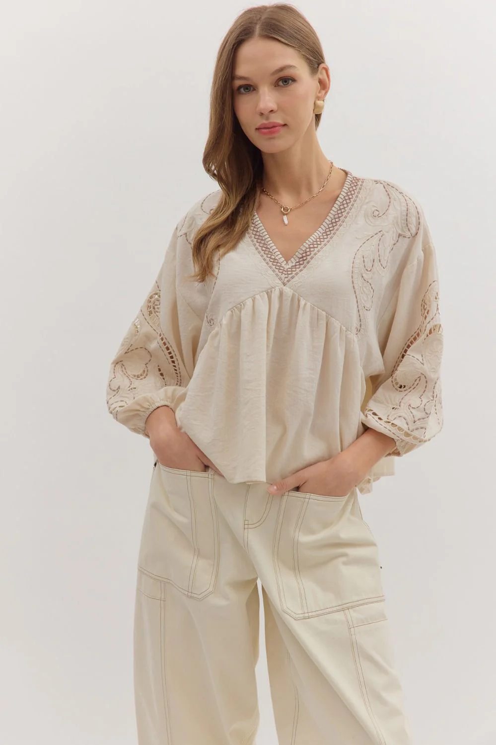 Image of Vanna Embroidered Top, Ecru