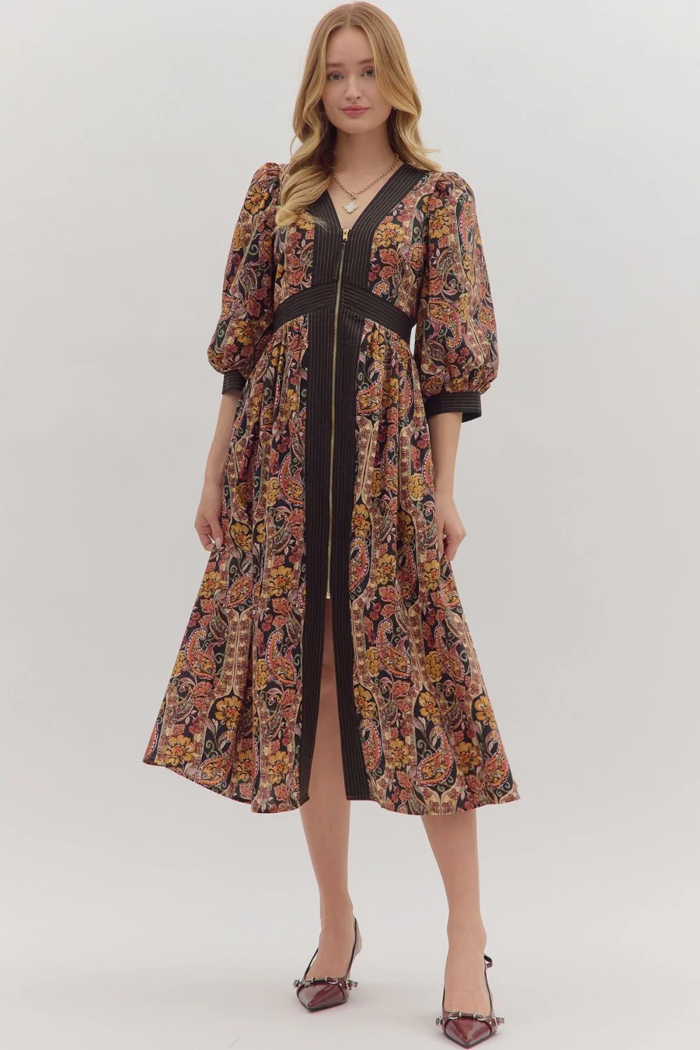 Image of Eleanor Paisley Midi Dress, Black
