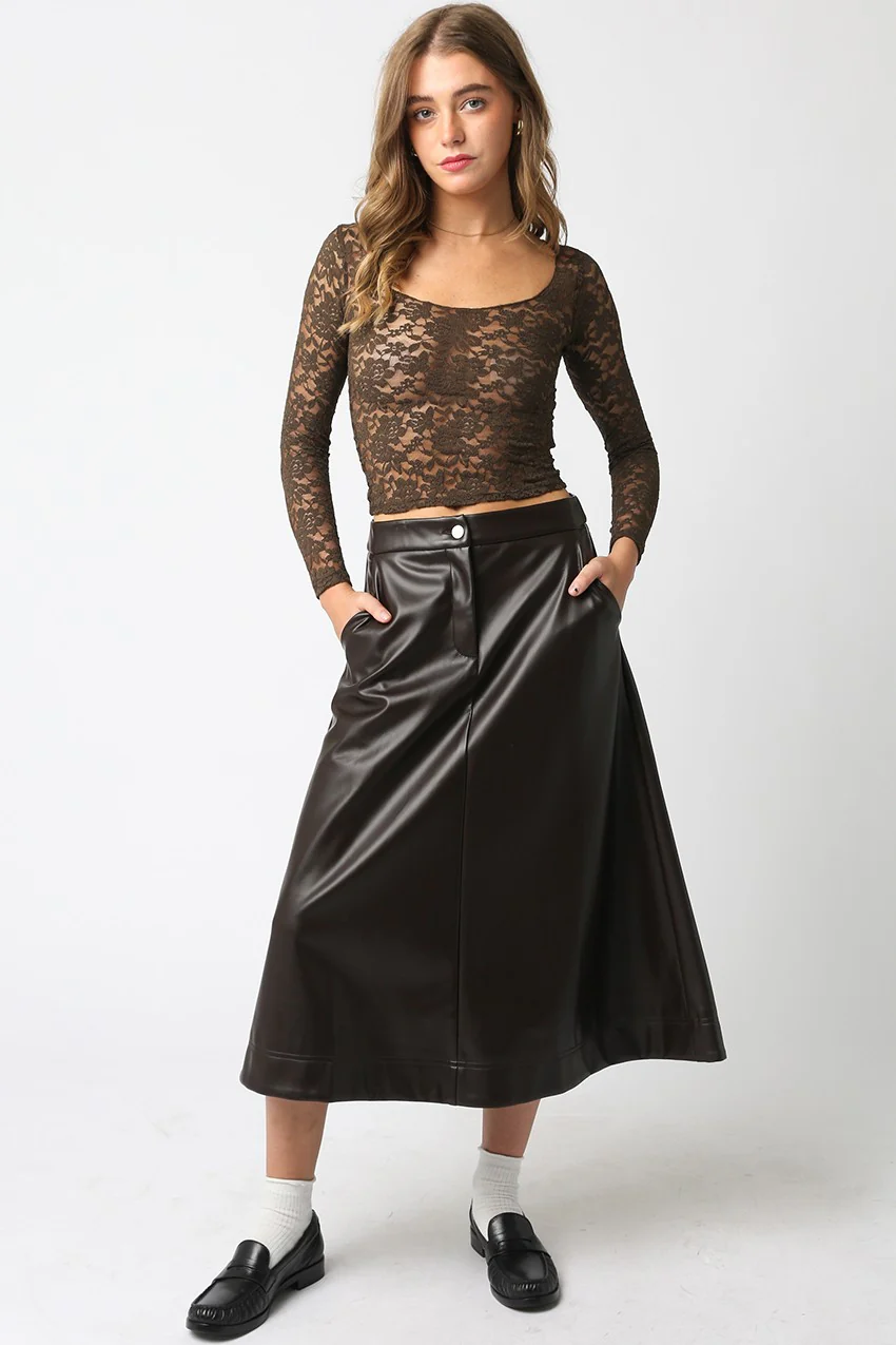 Image of Carter Faux Leather Midi Skirt, Dark Chocolate