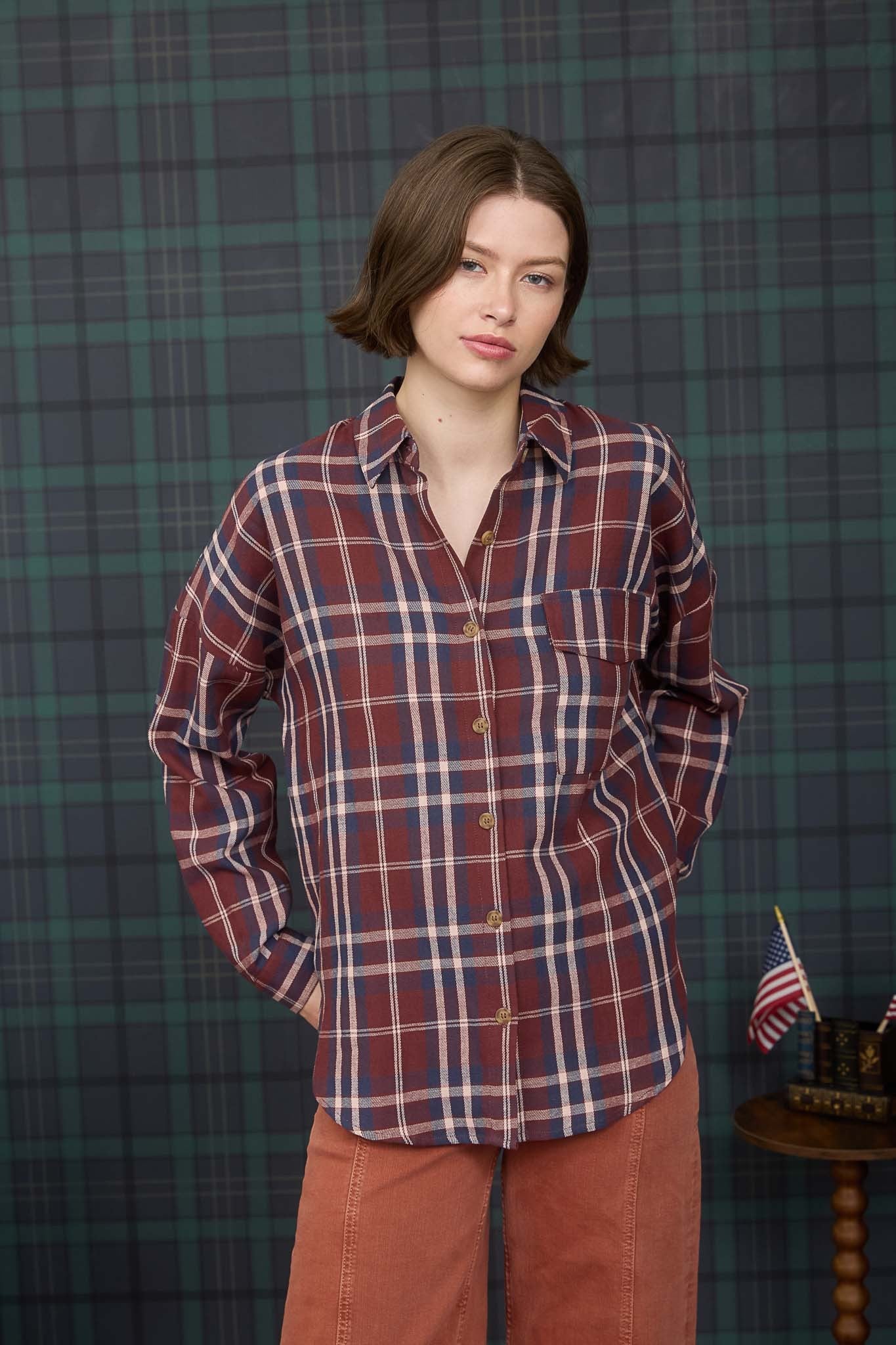 Image of Cara Plaid Shirt, Burgundy Multi