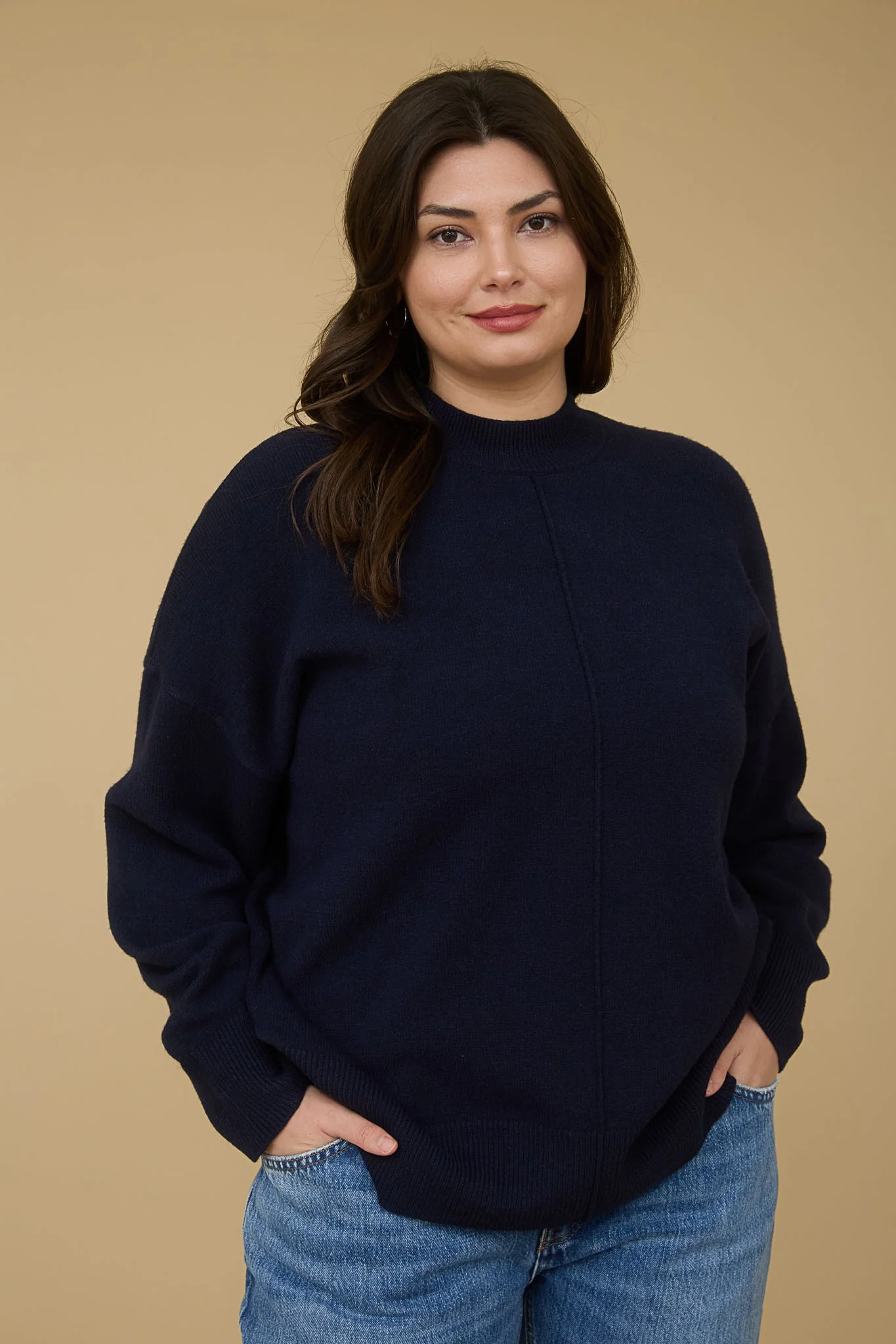 Image of Julia Front Seam Mock Neck Sweater, Navy | Extended Sizes