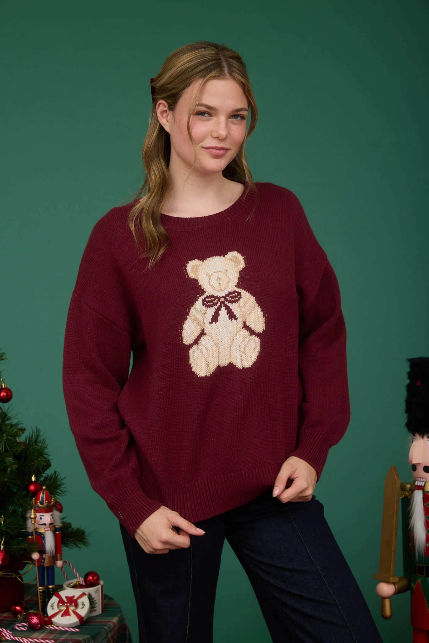 Image of Elle Teddy Bear Graphic Sweater, Burgundy
